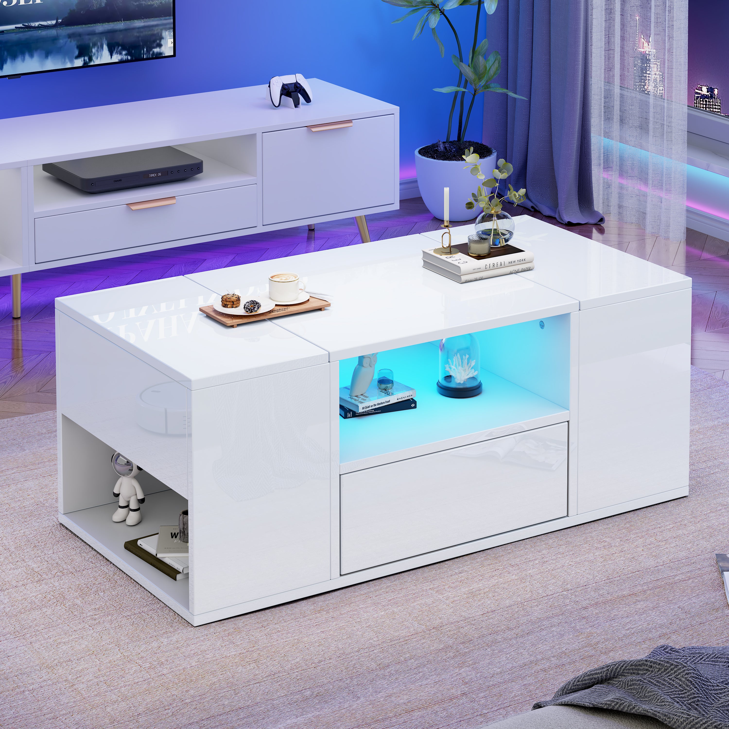 Table basse brillante avec LED, 1 tiroir, 2 armoires, rangements, en panneaux particules, blanc - 3