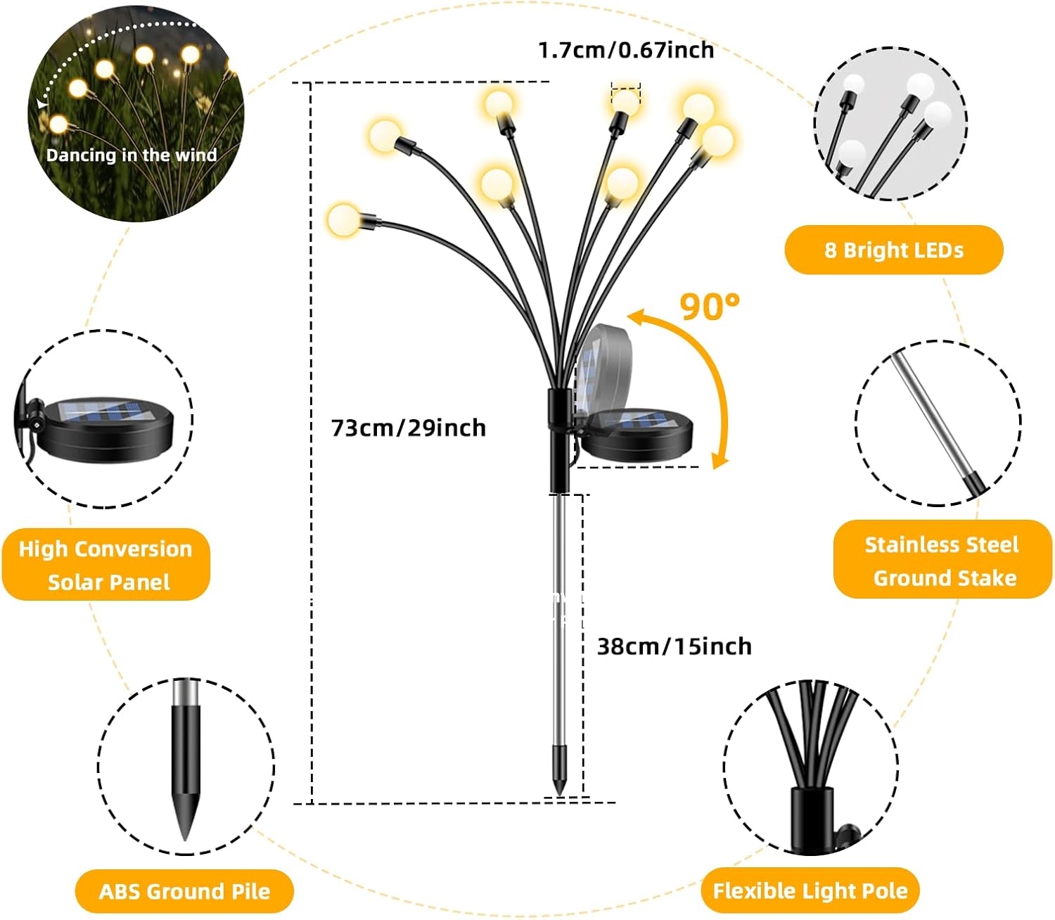 Luci Solari Esterno, 8 LED Luci da Esterno Giardino Solari, Firefly Garden Light Outdoor Lights IP65 Impermeabile per La Decorazione Marciapiede del Cortile Patio (Bianco Caldo) (4 Pezzi