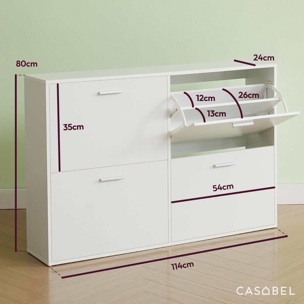 CASABEL Meuble à Chaussures 4 Abattants - Armoire à Chaussures Design - Meuble de Rangement Entrée 24 Paires - Blanc - 2
