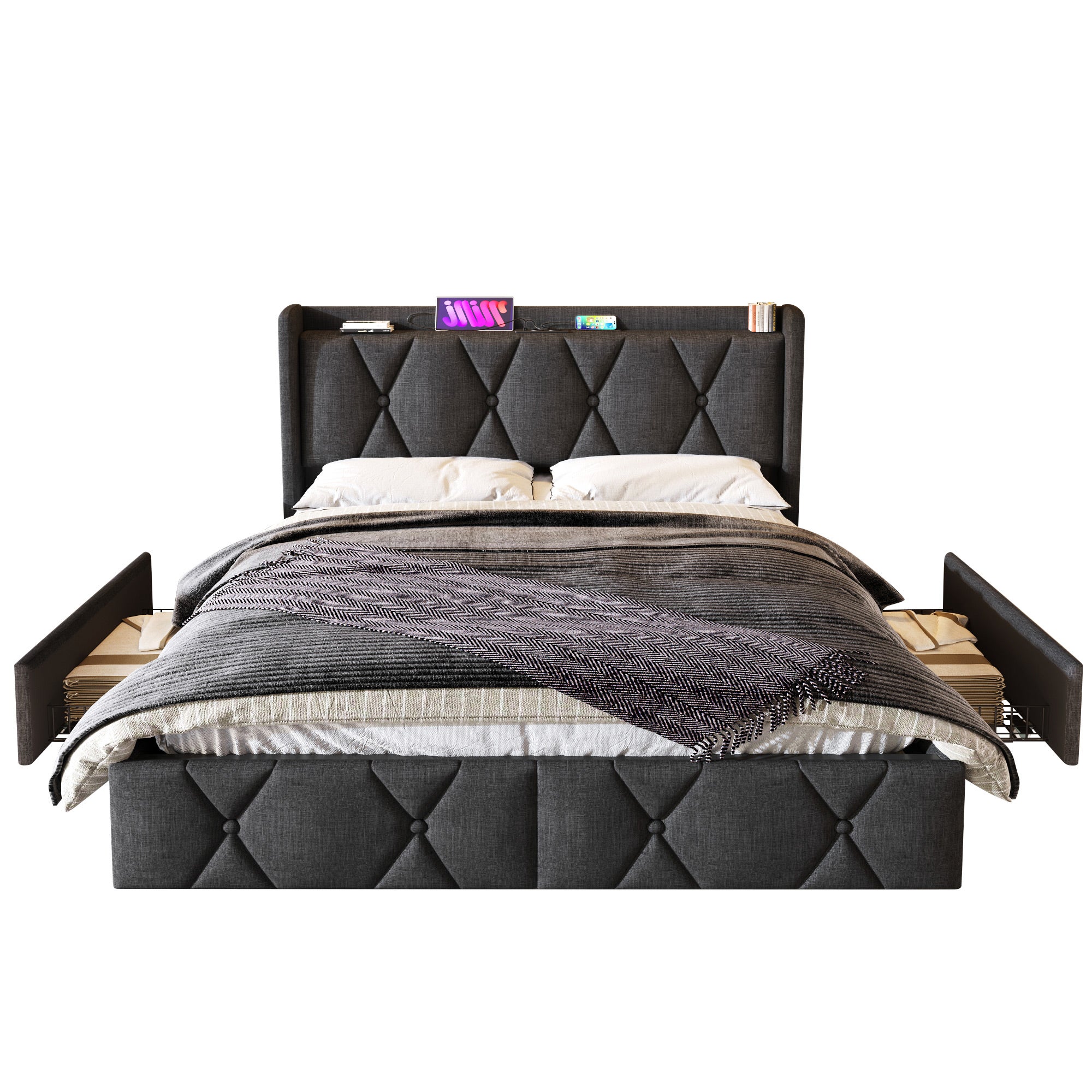 Lit coffre lit 160x200 cm Lit rembourré lit double avec Tête de Lit USB, 4 Tiroirs de Rangement et Sommier à Lattes Bois - lin -Gris - 4