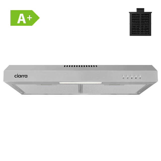 CIARRA Hotte Aspirante Casquette 60 cm Classe A+ Filtre à charbon inclus Recyclage ou évacuation Silencieuse 61 dB 3 vitesses LED Inox CD6903DS