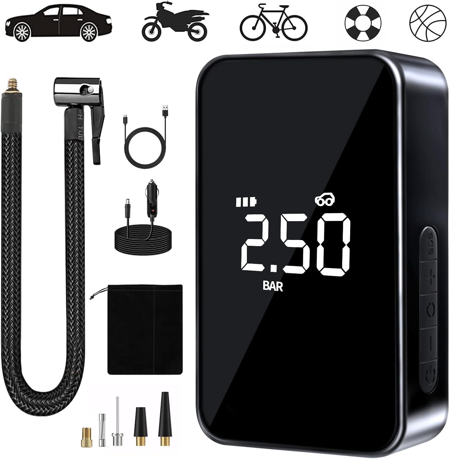 Przenośny kompresor 150 PSI, mini pompka elektryczna 6000 mAh, do opon motocyklowych i rowerowych