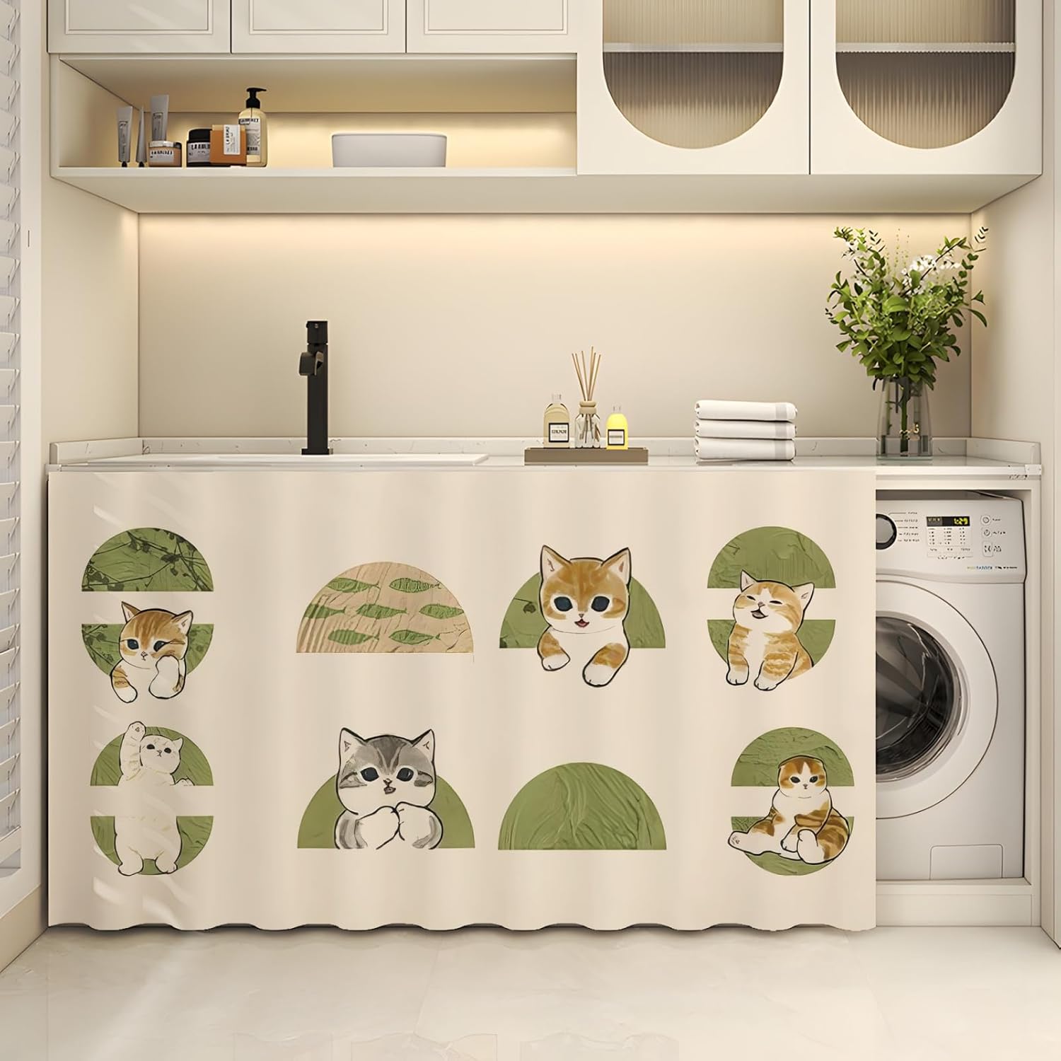 Rideau Armoire Cuisine Courts avec Sangles Auto, Meuble Rideau Cache ...