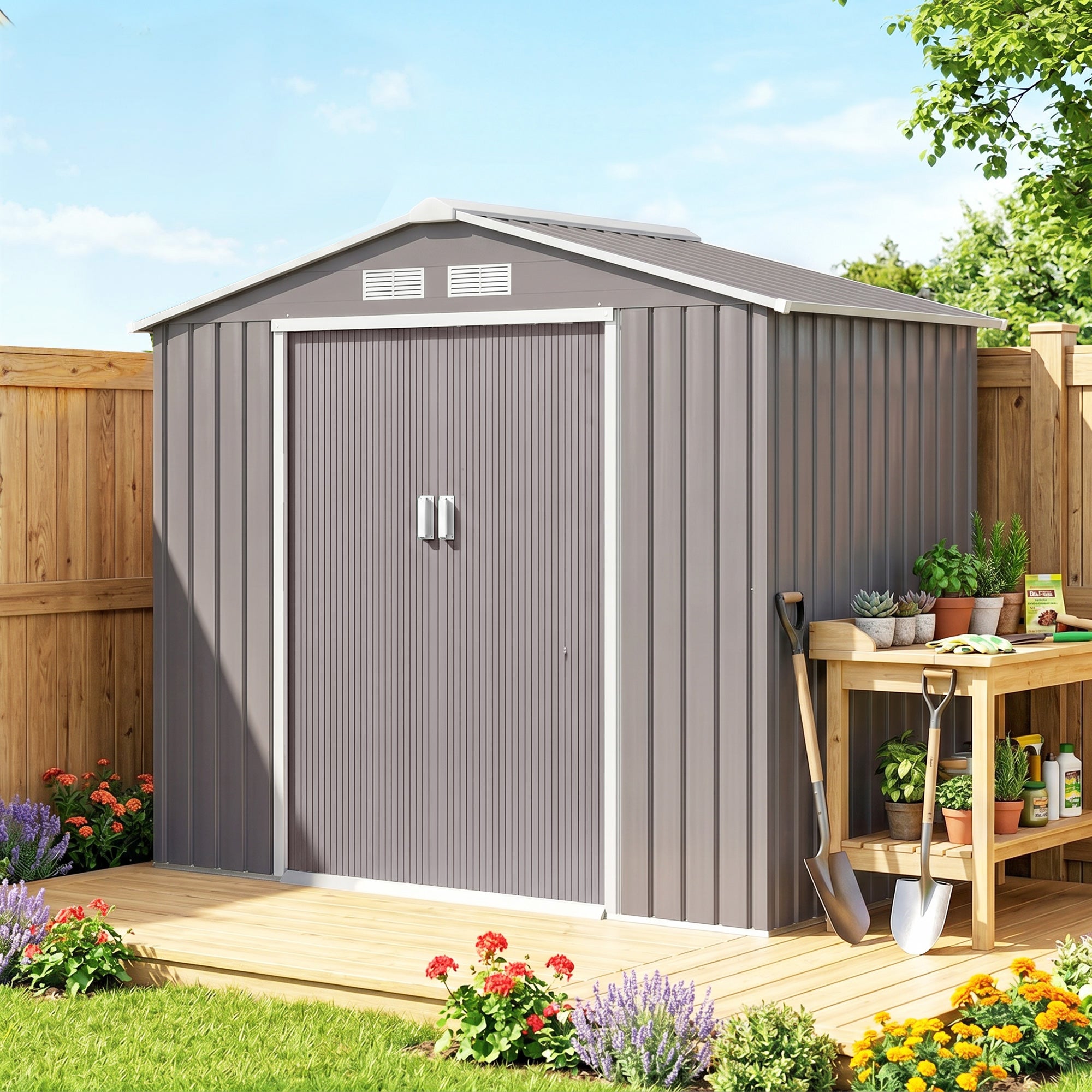 Caseta de jardín con 2 puertas correderas Outsunny gris 213x130x185 cm - 2