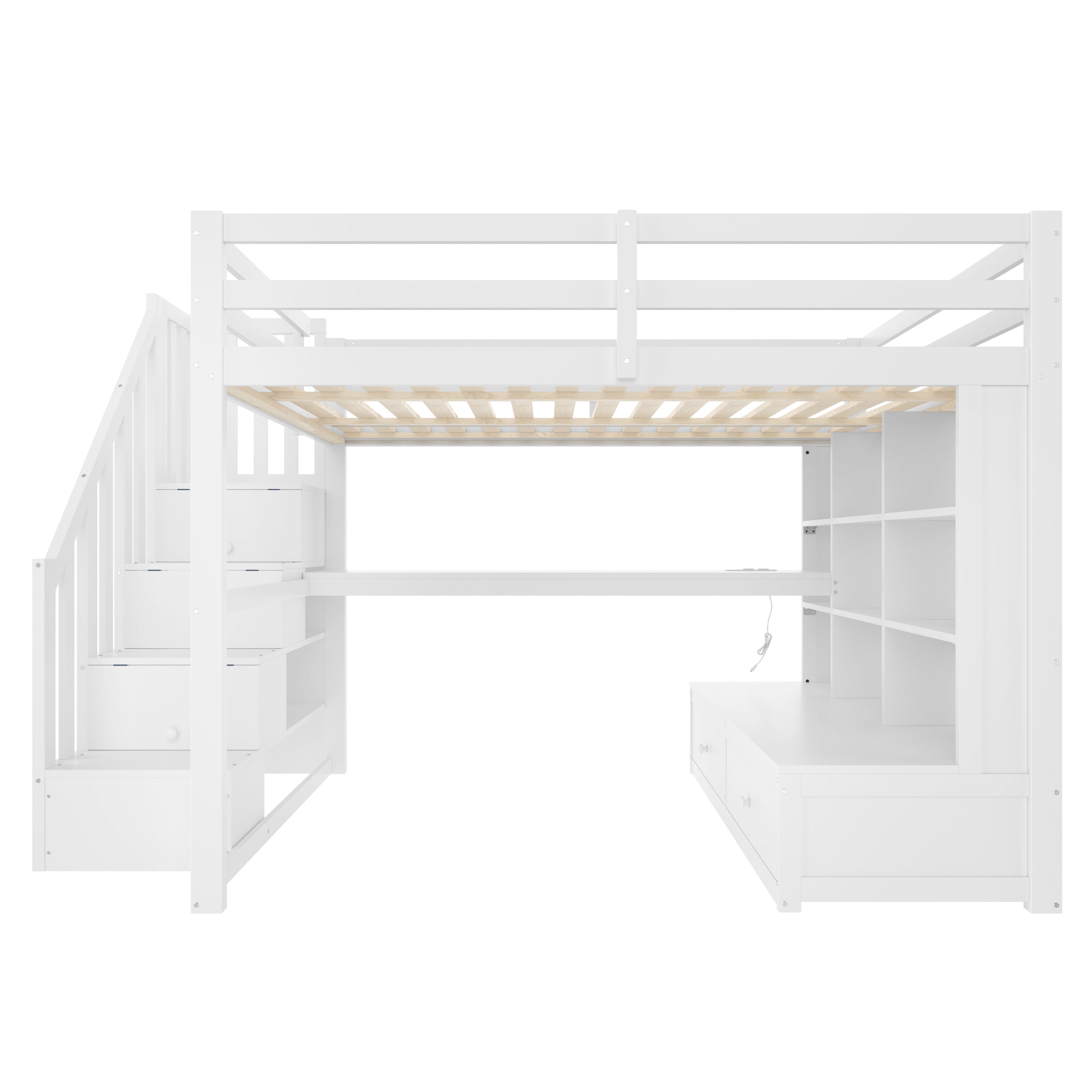 Lit Mezzanine enfant 2 place 140x200 cm, lit superposé en bois avec bureau intégré - escalier de rangement - 2 Grands Tiroirs - Éclairage LED, Blanc - 6