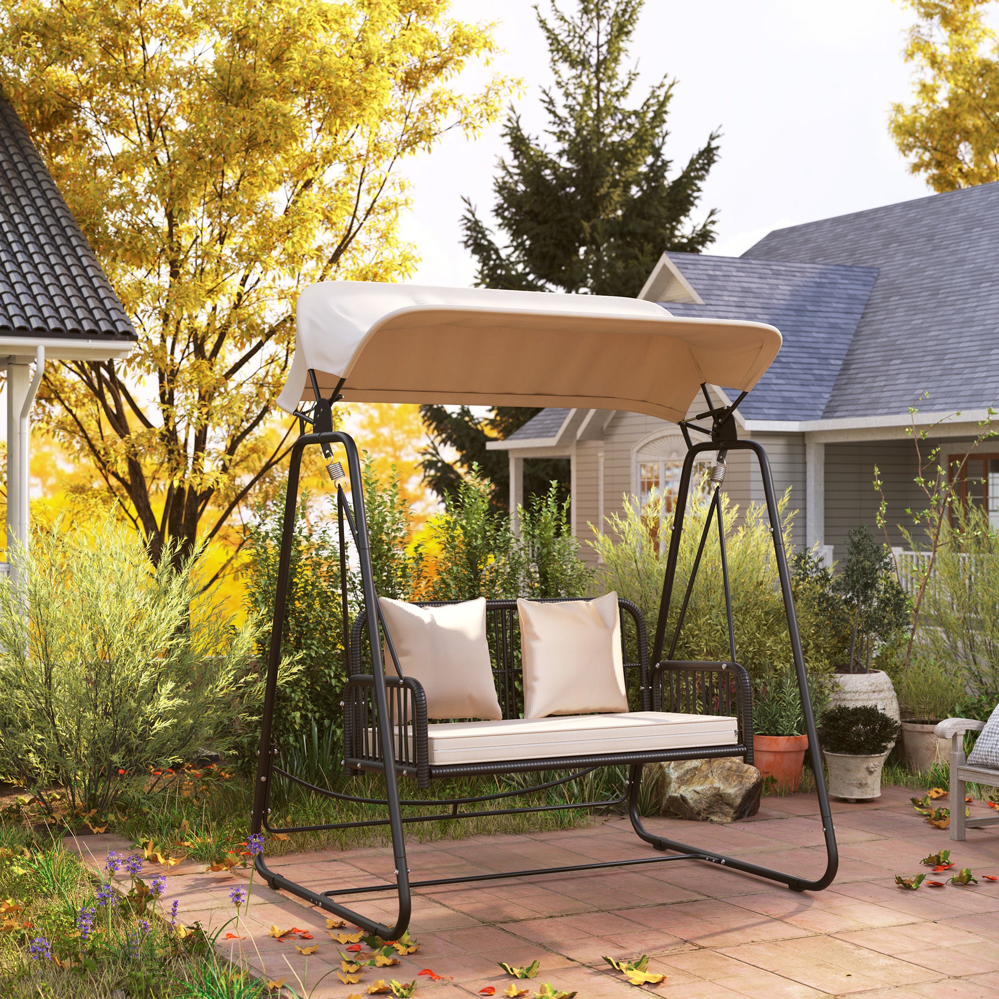Balancelle de jardin Hollywood Swing 2 places en rotin avec auvent et coussins, jusqu'à 240 kg, 149 x 121 x 180 cm, kaki - 4