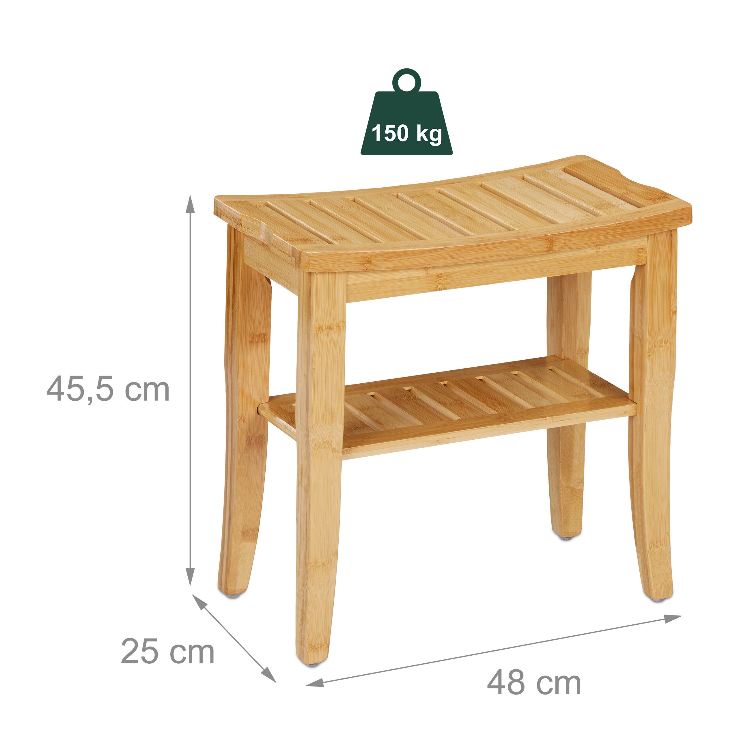 Tabouret en bambou, HxLxP: 45,5 x 48 x 25 cm, charge : 150 kg, banc en bois avec pieds antidérapants, nature, Relaxdays - 4
