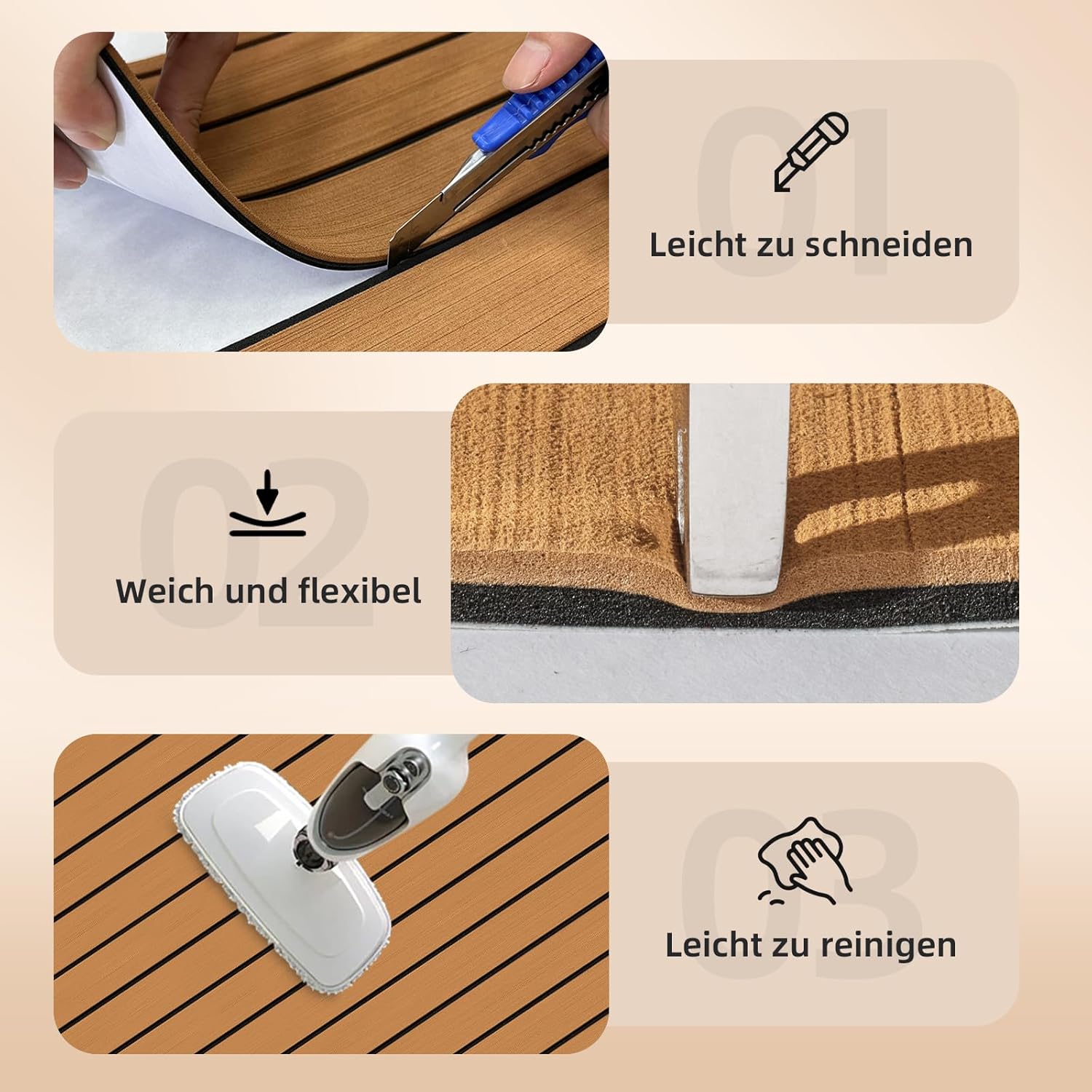 Revêtement de sol en mousse EVA pour bateau - Imitation teck marine - Revêtement de sol antidérapant en mousse autocollante - Feuille de rouleaux - 4