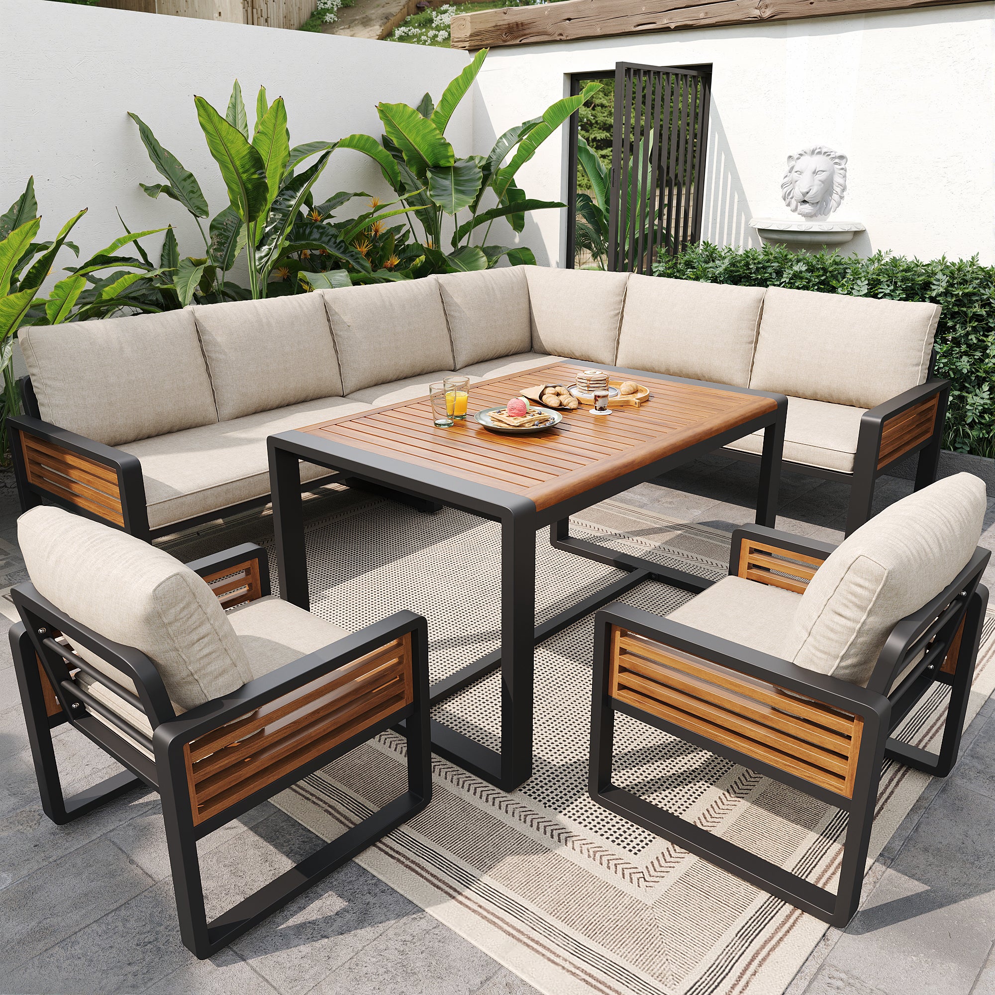 Zestaw mebli ogrodowych modułowych 7-osobowych z ocynkowanego żelaza: 2 sofy dwuosobowe + 3 fotele + 1 stolik 90 x 63 x 63 cm - Beżowy