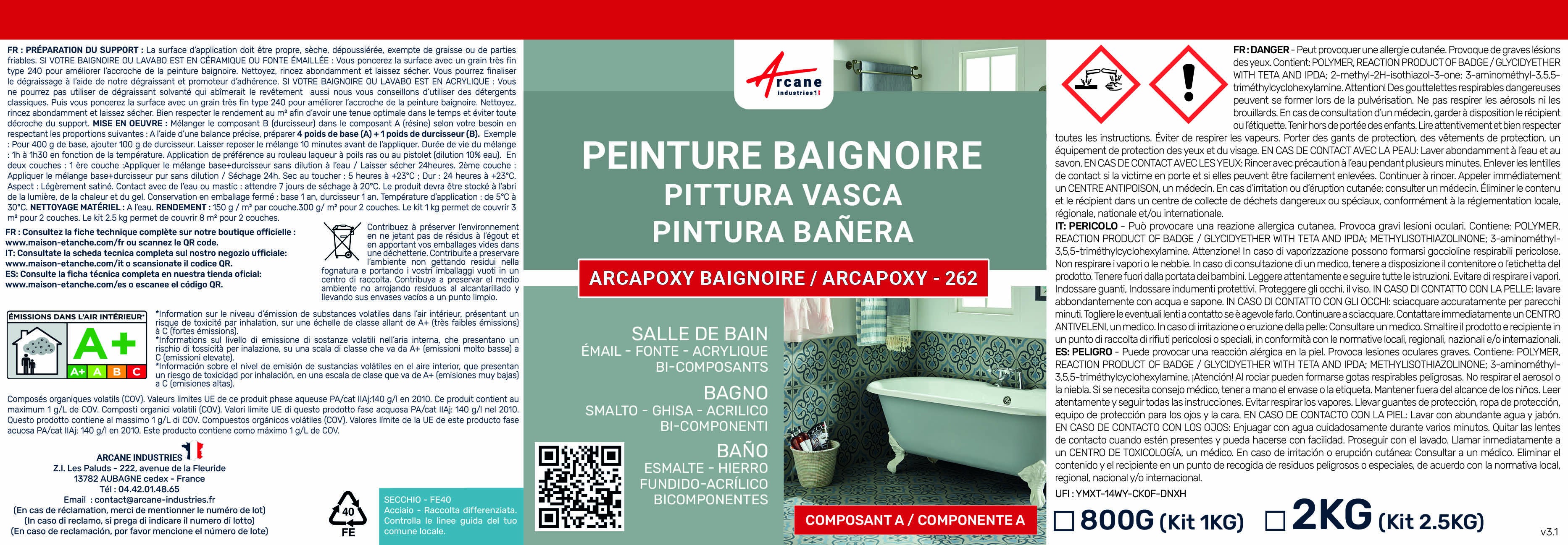 PEINTURE BAIGNOIRE LAVABO - Résine Époxy Pour Rénovation - 1 kg (jusqu'à 3 m² en 2 couches) Gris Argent - RAL 7001 - ARCANE INDUSTRIES - 9