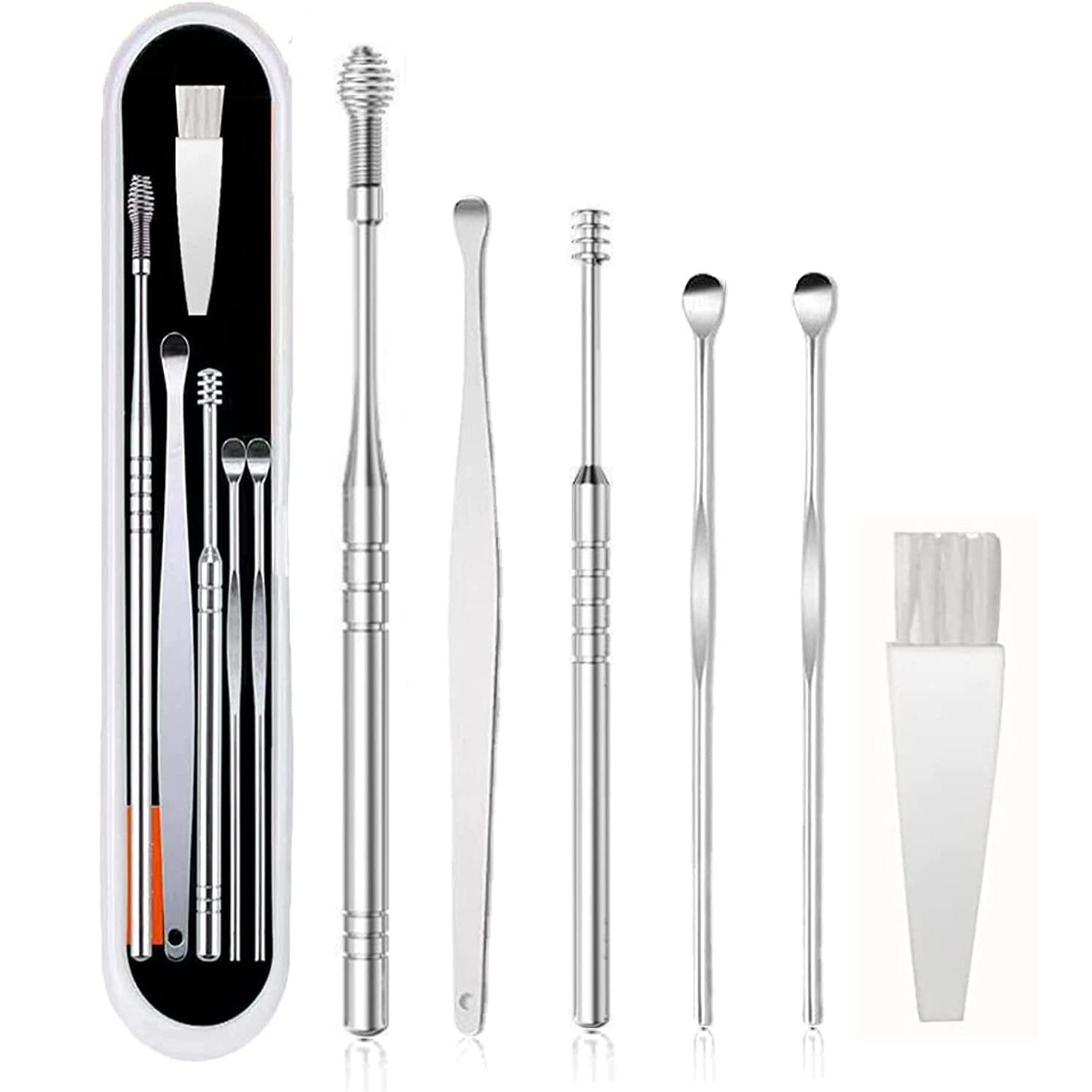 Kit Completo Limpiador De Oídos De Acero Inoxidable, 6 Piezas Con Bolsa De Viaje - Para Adultos Y Niños, Seguro Y Antideslizante
