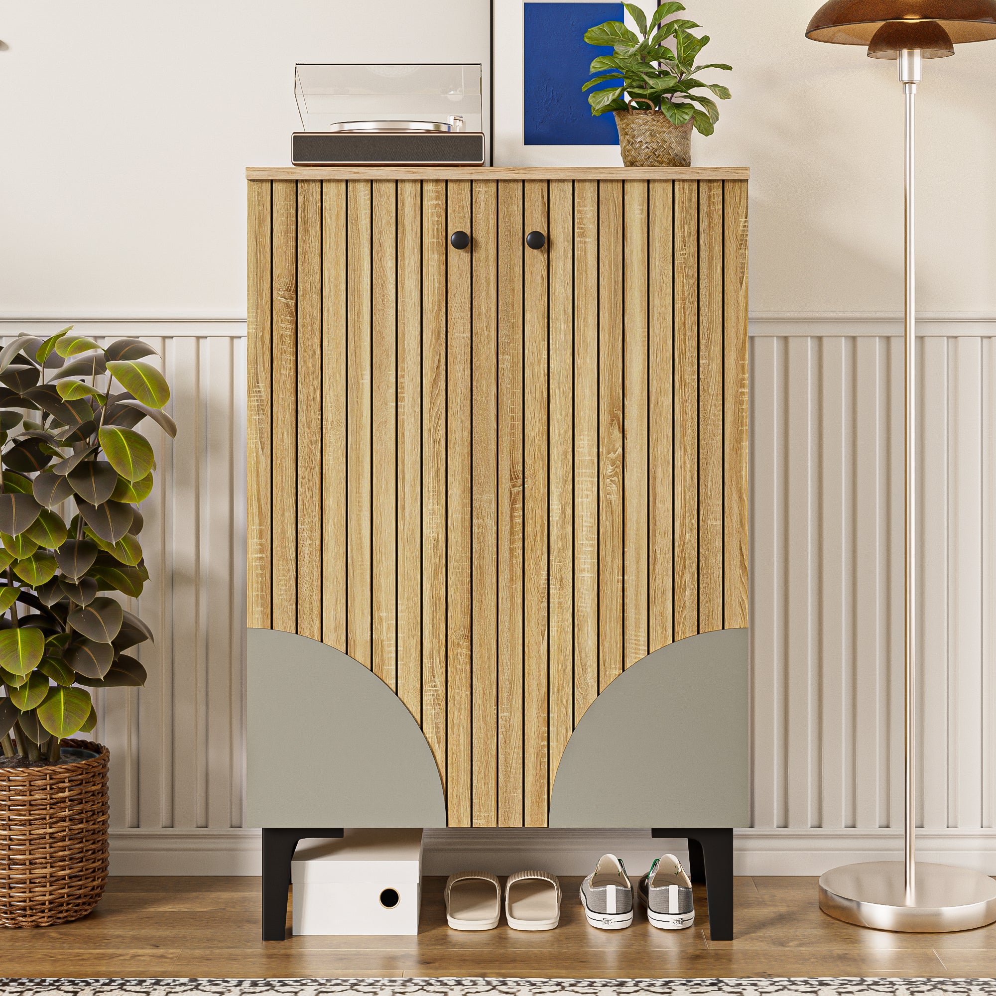 Meuble à chaussures 60x32x94 cm - 2 portes - avec 3 étagères - Pieds en métal - Naturel - 2