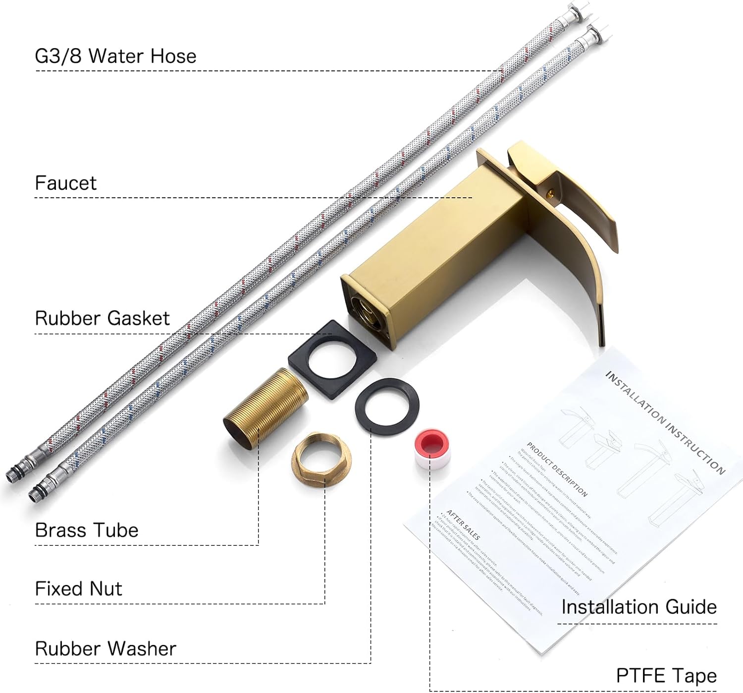 Robinet cascade salle de bain doré brossé,mitigeur en laiton sans tirette,hauteur sous bec 107 mm,style moderne et élégant pour vasque ou lavabo - 7