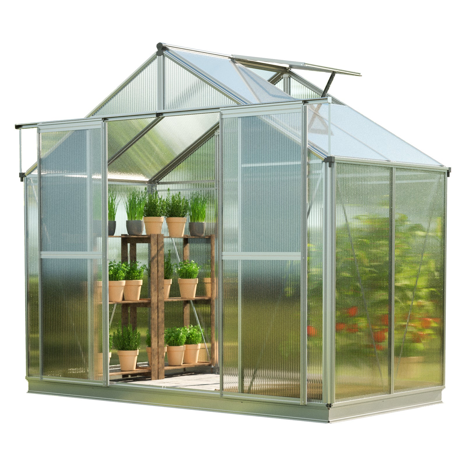 GFP szklarnia Topas 2 rama aluminiowa 225x133 cm - płytami poliwęglanowymi ok. 6 mm - z ramą fundamentową i aut. mechanizm otwierania okien