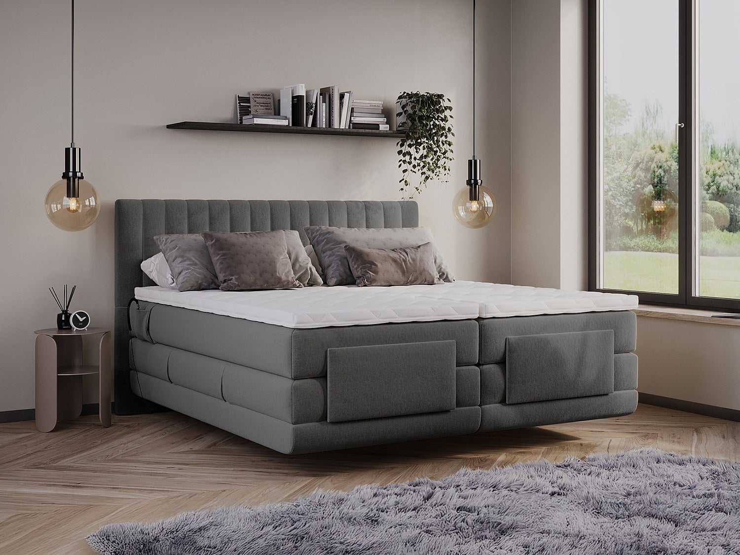 Kompletny zestaw łóżka kontynentalne z zagłówkiem z pionowymi przeszyciami + stelaż z elektryczną regulacją + materac + topper - 2 x 80 x 200 cm - Wel