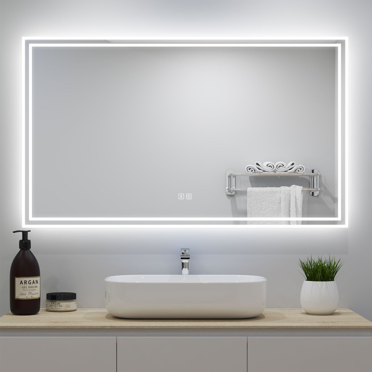 Espejo de baño de 160 x 80 cm, blanco / neutral / amarillo, brillo ajustable. con función bluetooth + control de pantalla táctil + antiniebla