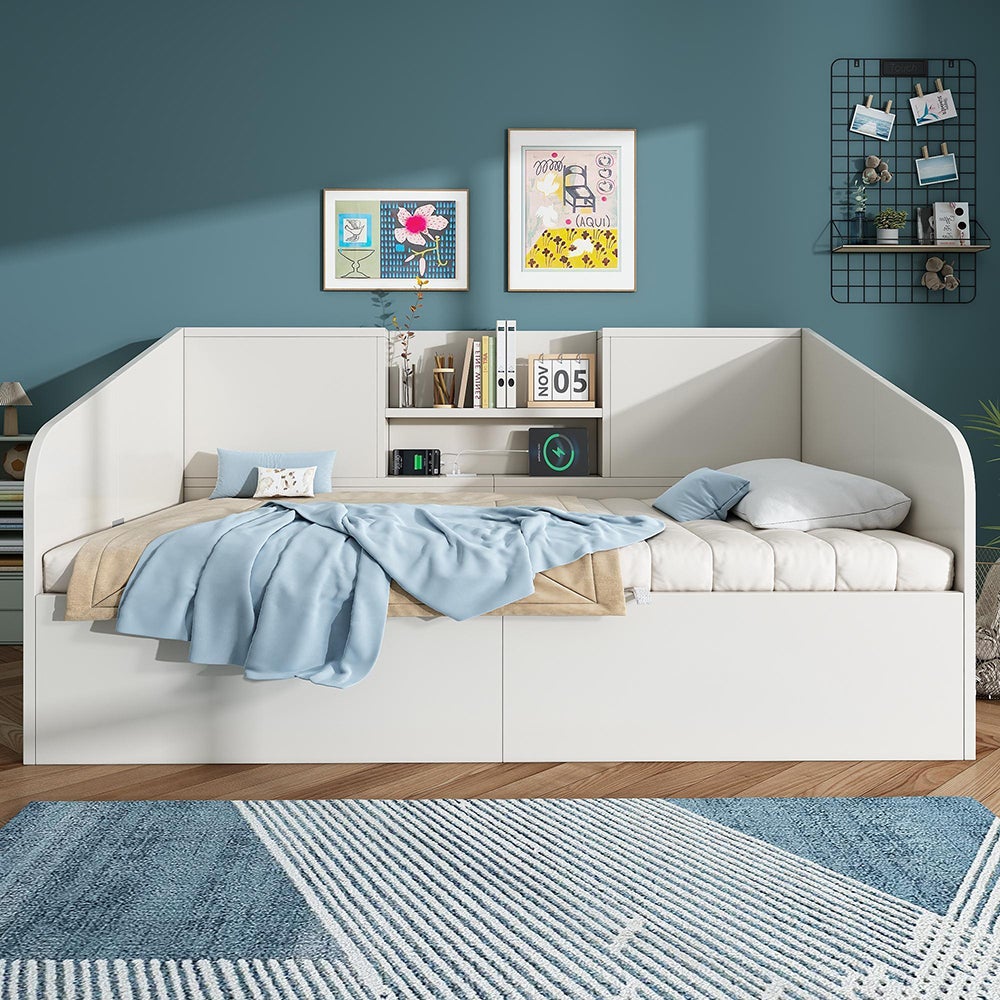 Rozkładana sofa hydrauliczna z 2 półkami, dużą przestrzenią do przechowywania i stacją ładującą USB/Type-C, biała (bez materaca) – 90 x 200 cm