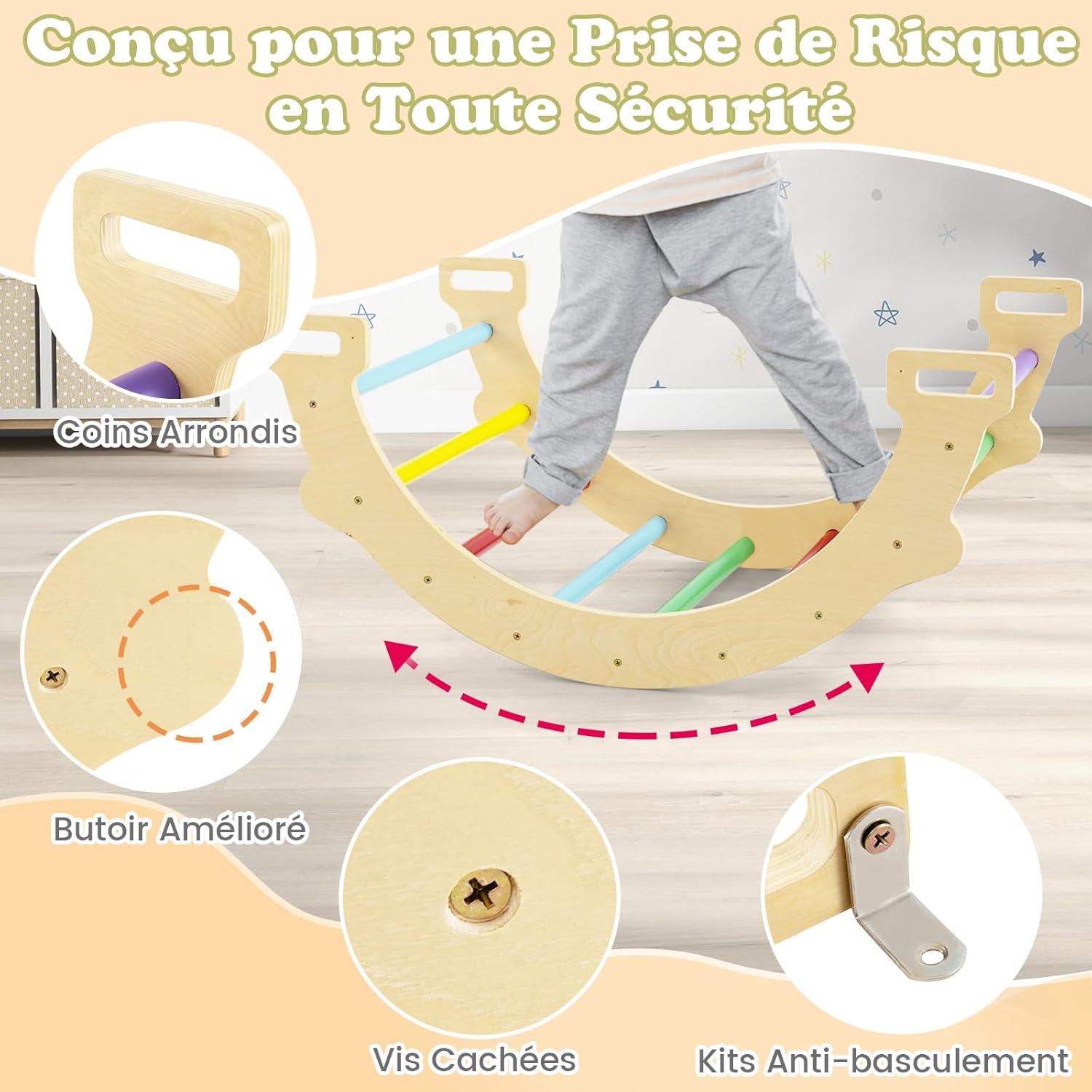 4 en 1 Arche d’Escalade en Bois Enfants avec Coussin Moelleux, Arche à Bascule, Charge 50KG, 3 Ans+ - 7