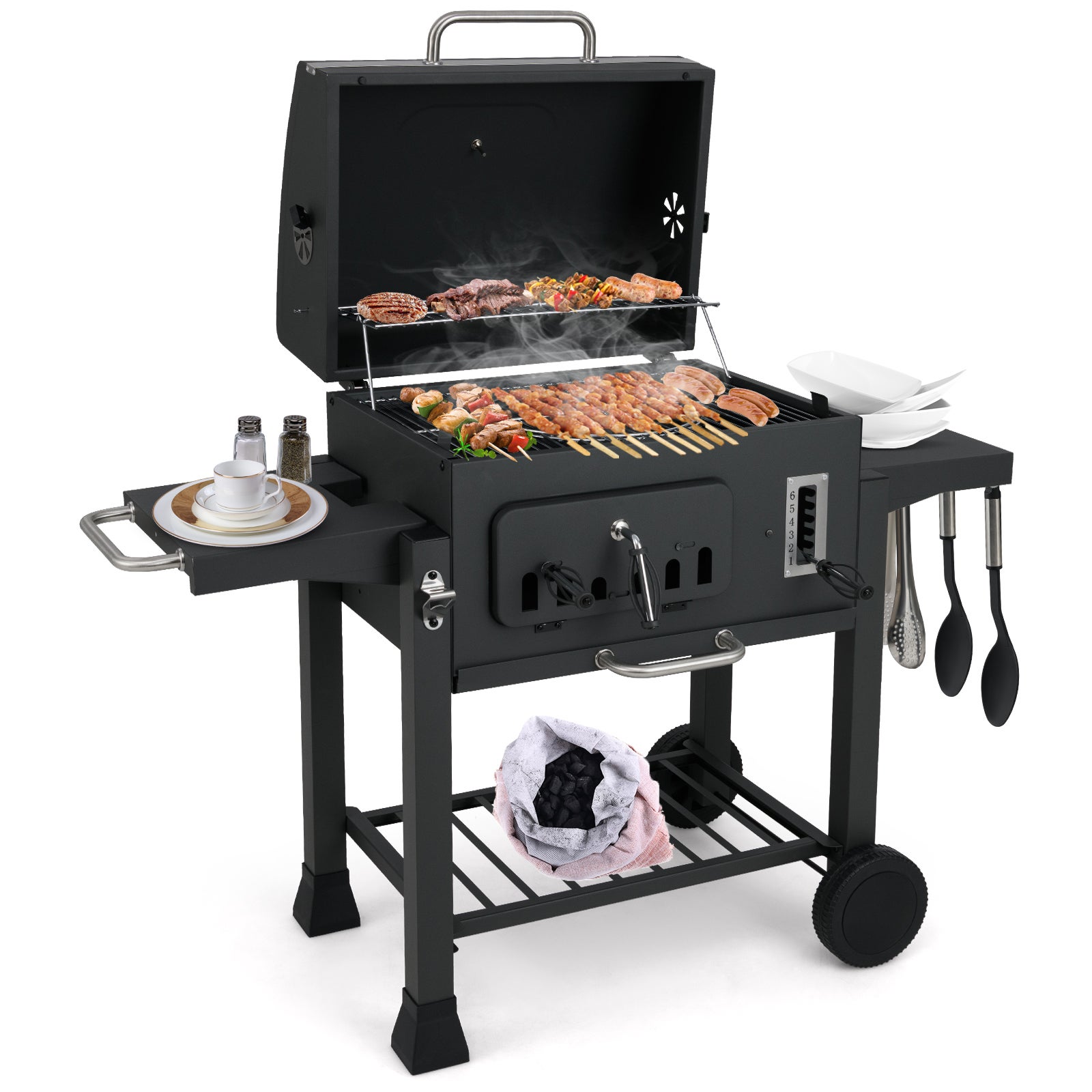 Grill węglowy z 2 składanymi stolikami bocznymi, przenośny grill ogrodowy z kółkami i 6-pozycyjną tacką na węgiel oraz półką, do użytku na kempingu