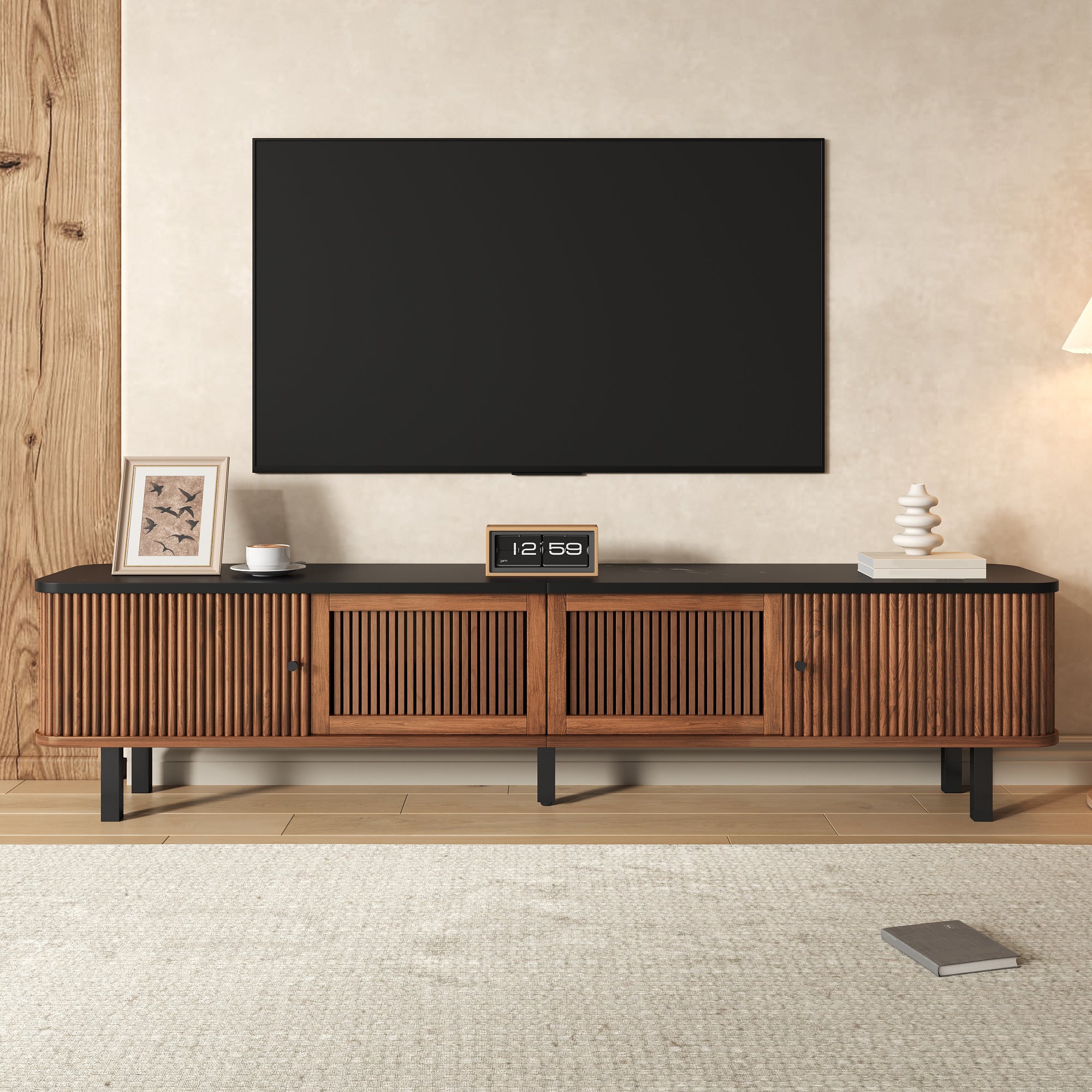 Nowoczesna szafka RTV z 2 drzwiami przesuwnymi i 2 drzwiami uchylnymi - 190 x 35 x 45 cm - Płyta wiórowa + MDF - Orzech