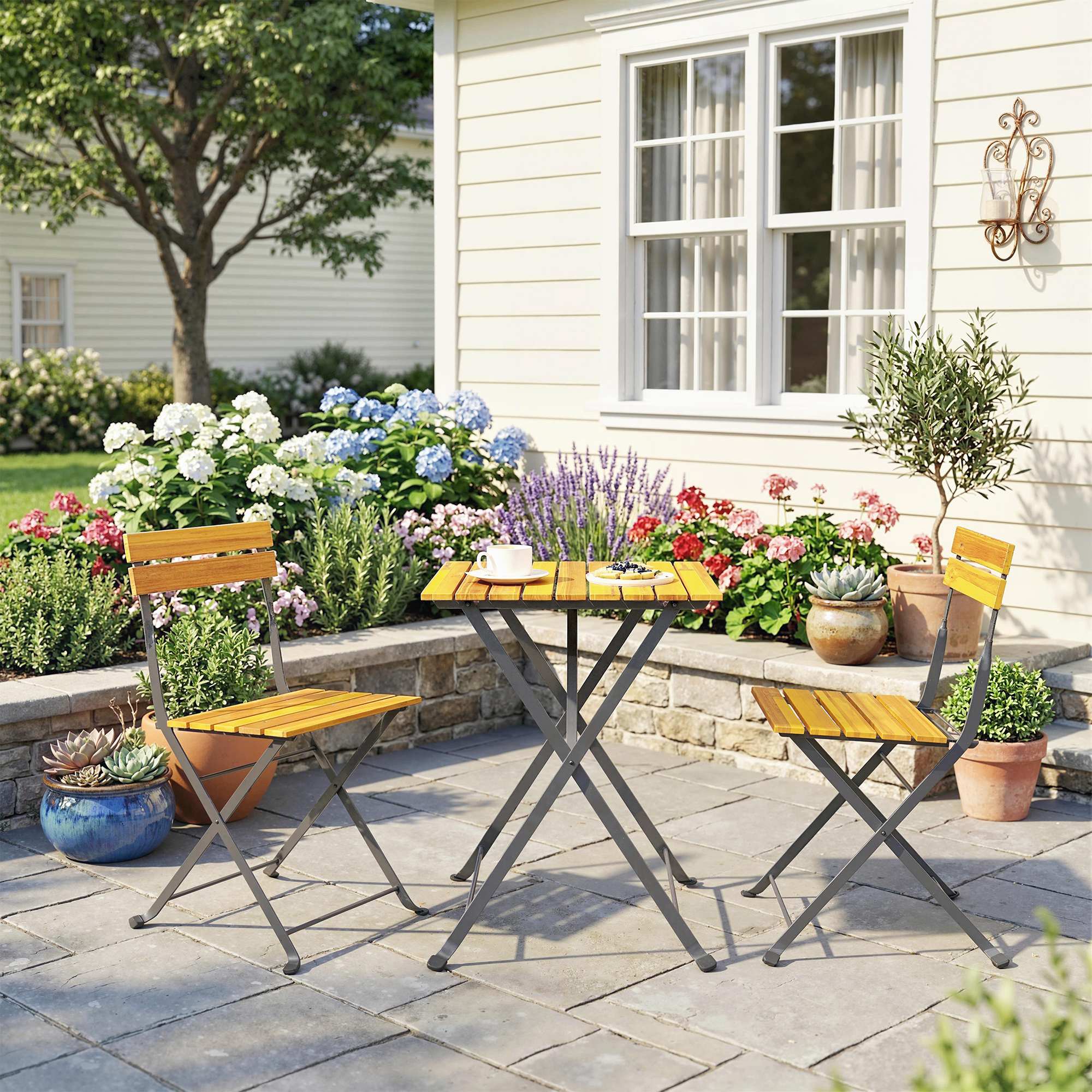 Ensemble de salle à manger 3 pièces pour 2 personnes, table pliante avec 2 chaises pliantes pour terrasse/balcon, en teck - 3
