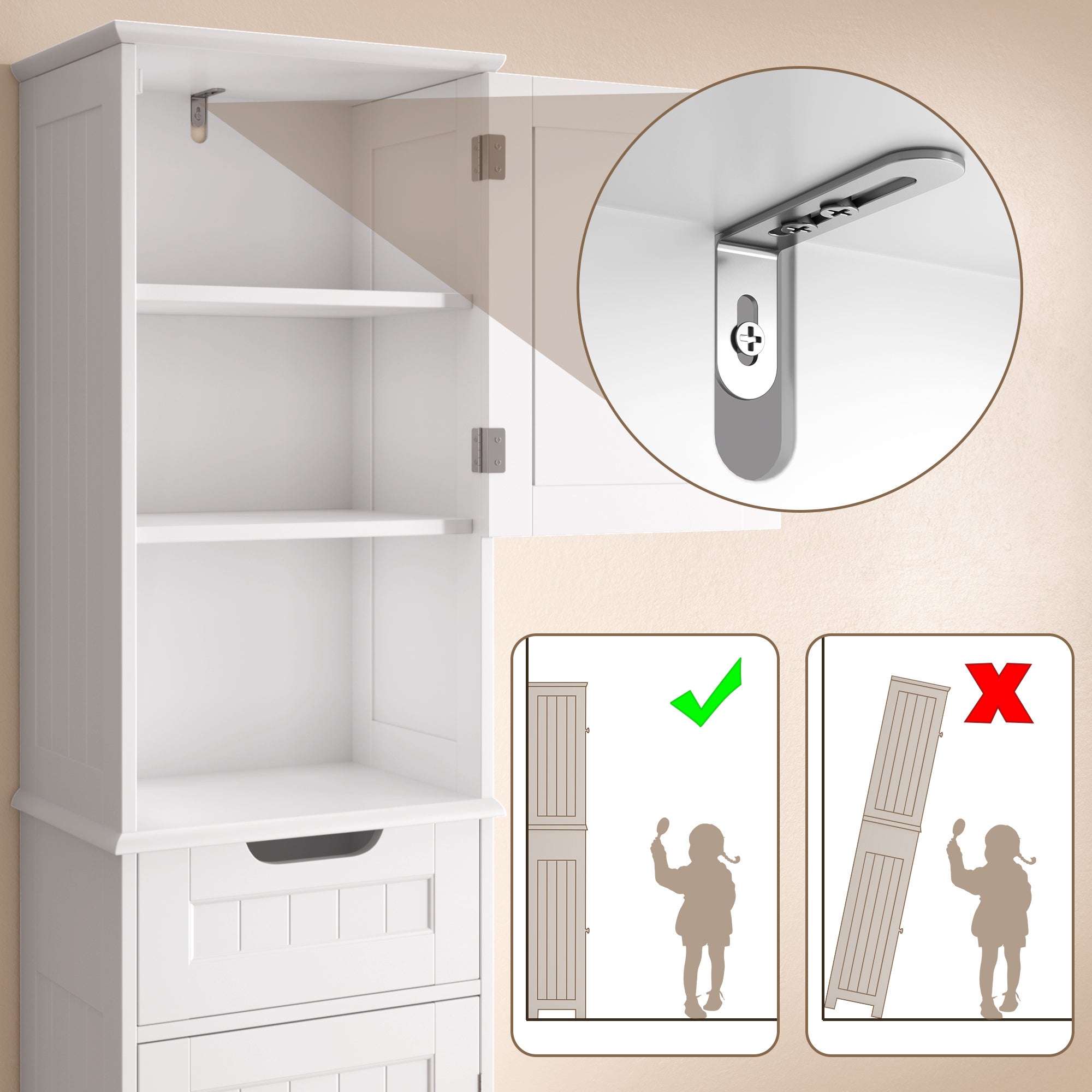 Bealife Mobile Colonna per Bagno con Ripiano con Piedistallo, Armadio Alto a 2 Ante, 1 Cassetto, 1 Ripiano Aperto e Ripiano Regolabile - 6