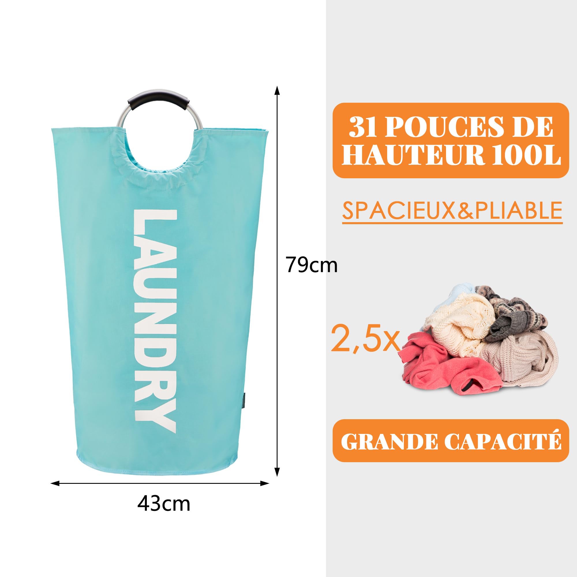 Panier à linge robuste 115L avec poignées - bac de rangement en tissu oxford durable pour vêtements, organisation ménage - 2