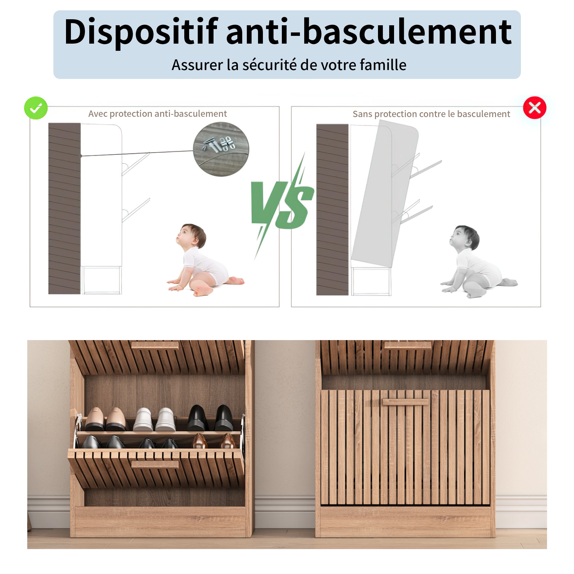 Meuble à Chaussures Entrée avec 3 Portes Abattantes, 24 Paires de Chaussure Armoire a Chaussures pour Entrée, Couloir, Bois - 4