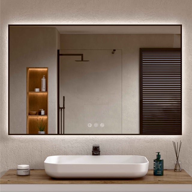BELLOBATH - Espejo Baño con Luz Led Perimetral, Luz Ajustable en 3 Colores e Intensidad, Antivaho, Marco de aluminio Negro - 80cm alto x 120cm ancho