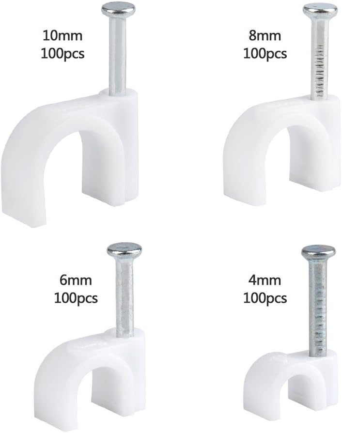 Zestaw 400 klipsów do paznokci - Klipsy okrągłe do kabli i przewodów o średnicy 4 mm, 6 mm, 8 mm i 10 mm (białe) - 2
