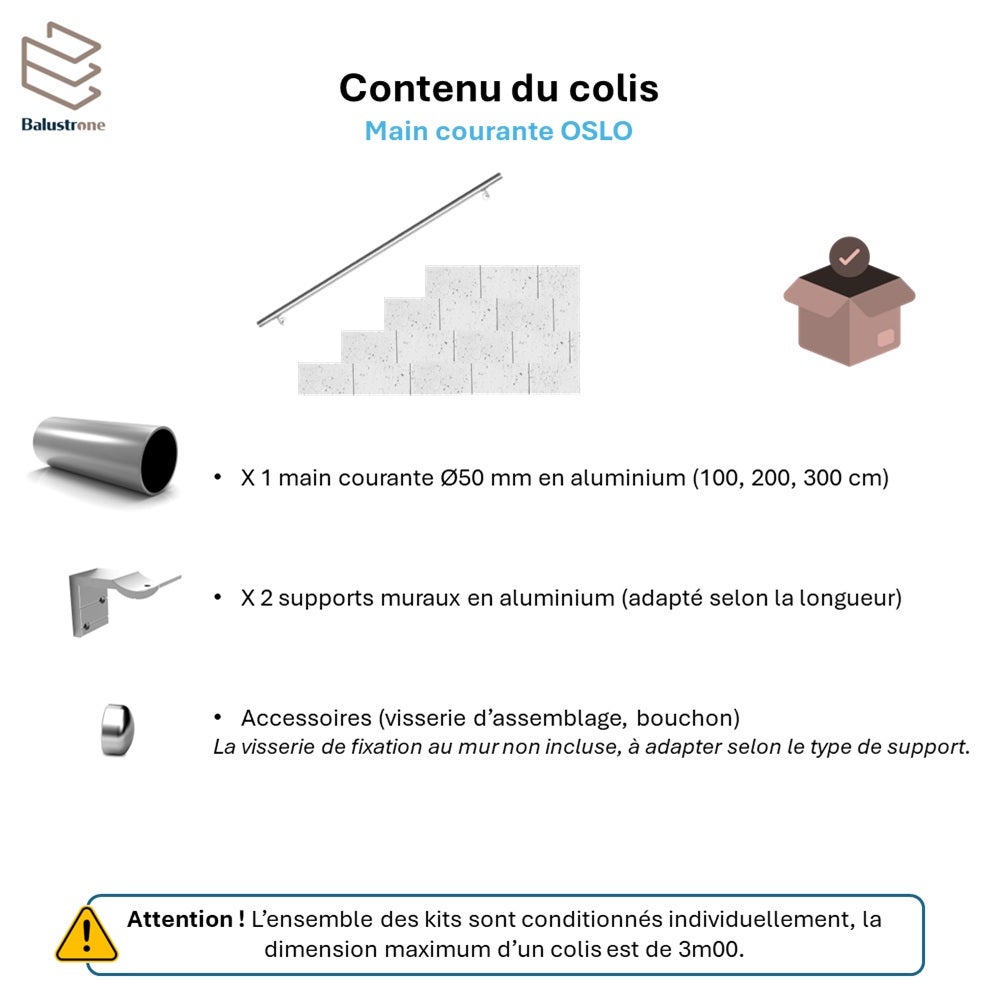 Main courante aluminium 2m + 2 supports, OSLO (rond), en kit - 5