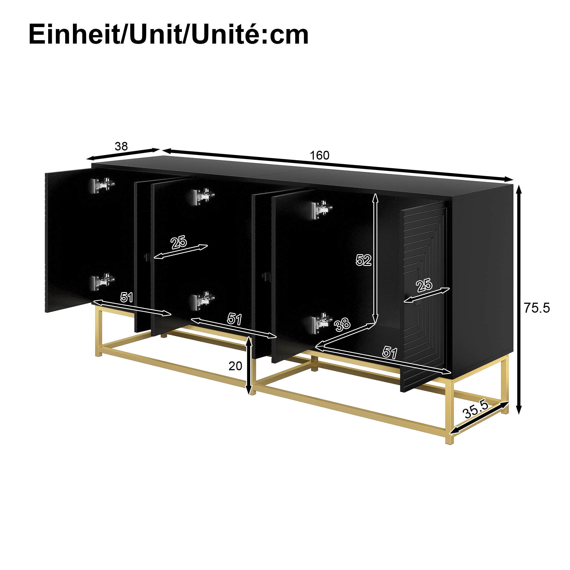 Buffet moderne avec 6 portes - 160 x 38 x 75.5 cm - pour salon, salle à manger - Panneau de particules - Blanc - 5