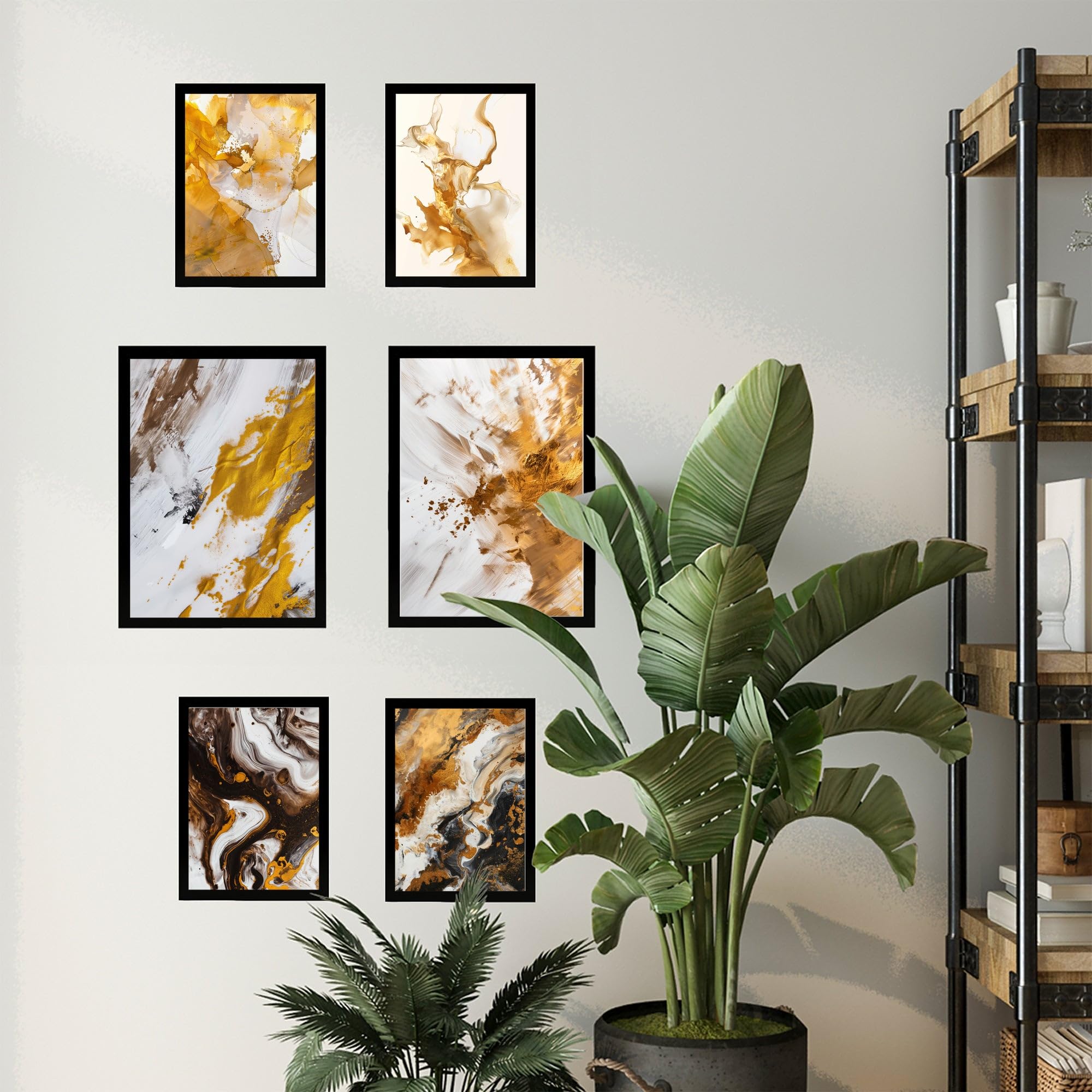 Set de 6 abstract colors brown white gold shapes cuadros con ilustración de diseño para decorar las paredes del hogar. tienda. a3 y a4. marco negro