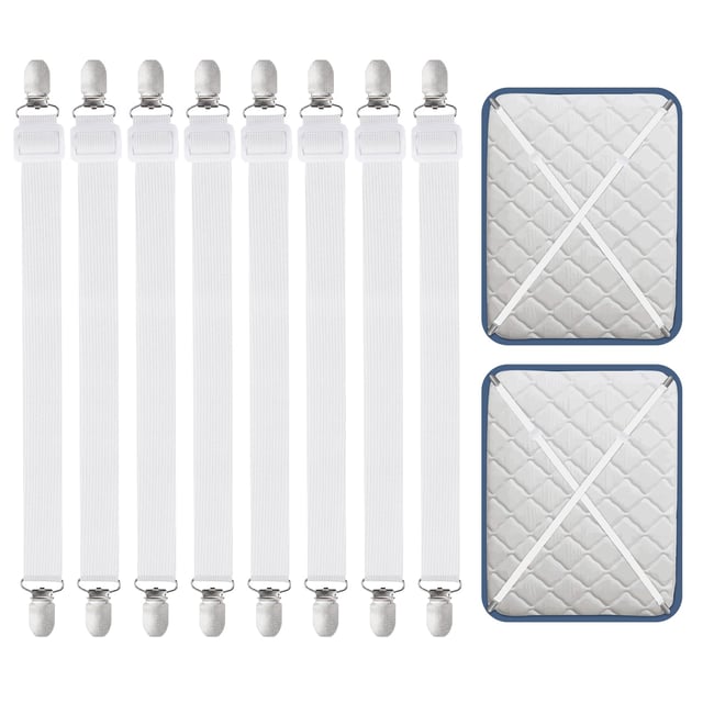 8 Pièces Tendeur Drap Housse,30-120CM Tendeurs De Drap RéGlables pour Drap De Lit,Attache pour draps, Matelas, Planche à Repasser ou canapé Blanc