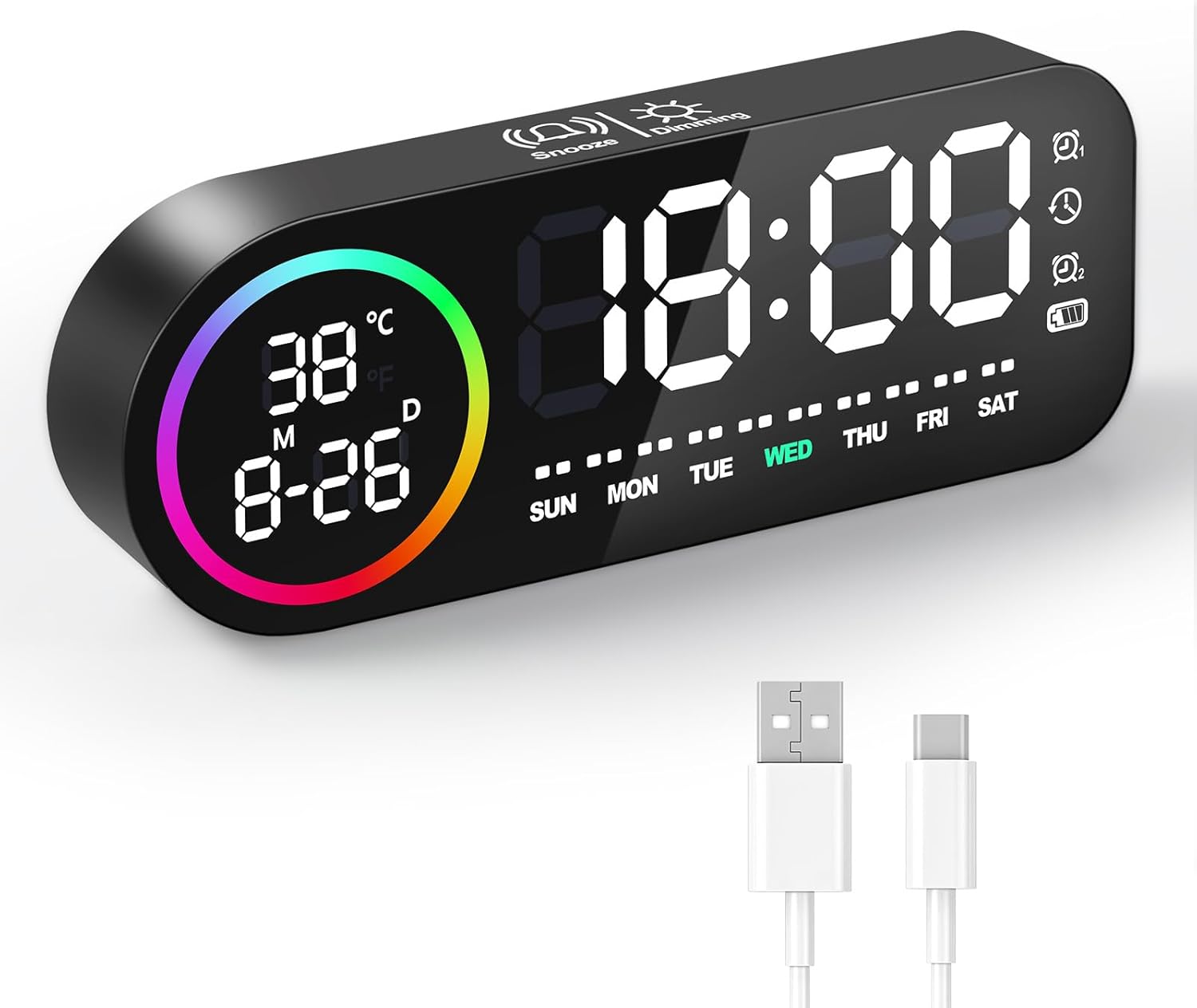 Budzik cyfrowy z dużym ekranem LED - Ekran dotykowy, Podwójny alarm (Funkcja Snooze, Ściemniacz 5 poziomów) - Czarny