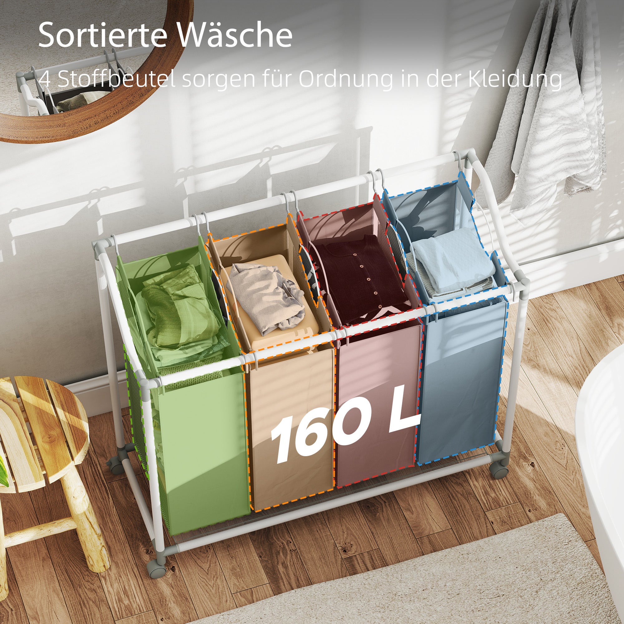 Panier à linge avec 4 tasses,160 L,panier à linge avec paniers,sac à linge,97x38x81cm,gris - 6