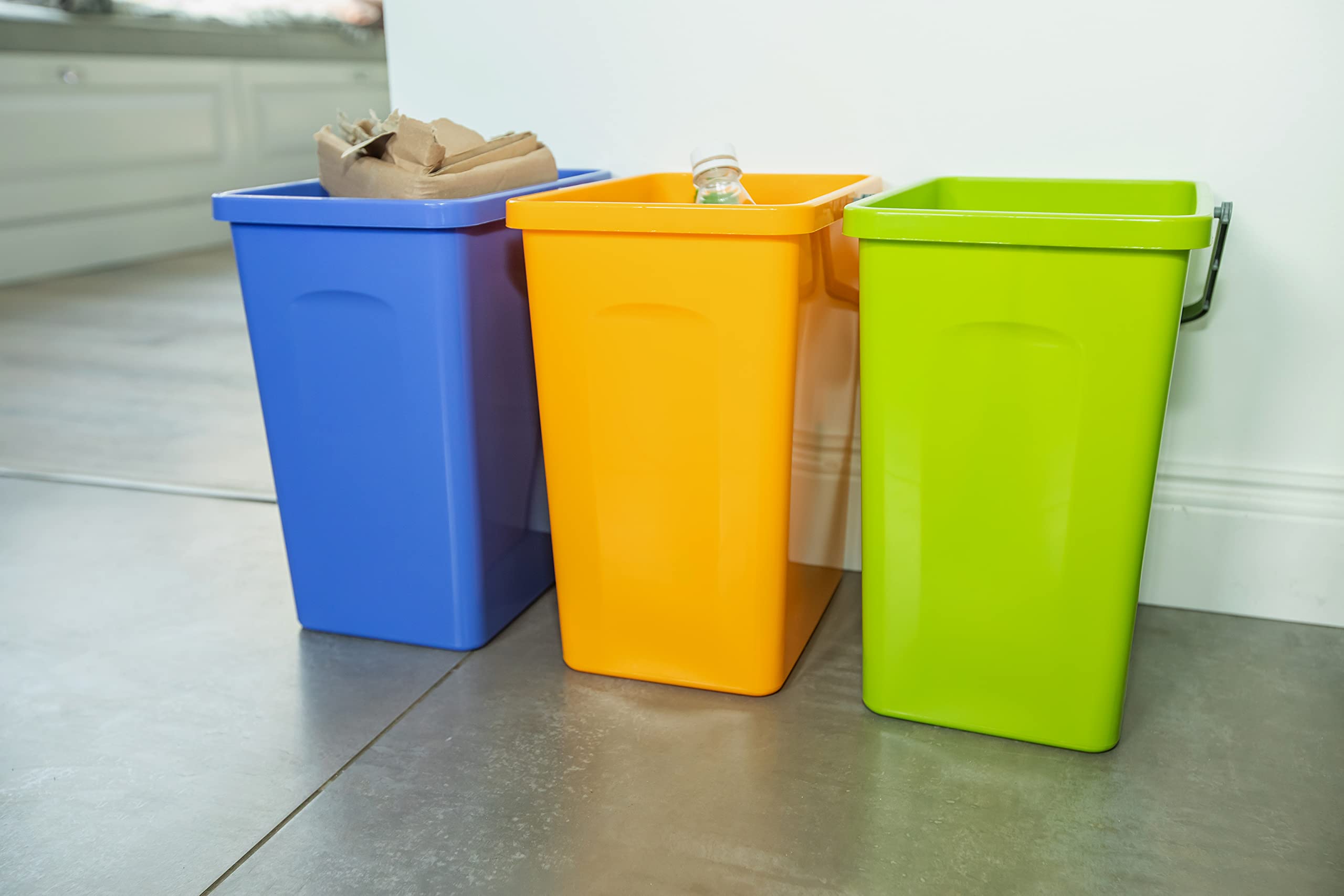 BranQ Home essential Set Universale di 3 cestini per Raccolta differenziata con Pratica Maniglia in Materiale BPA di Alta qualità, Giallo/Verde/Blu, - 4