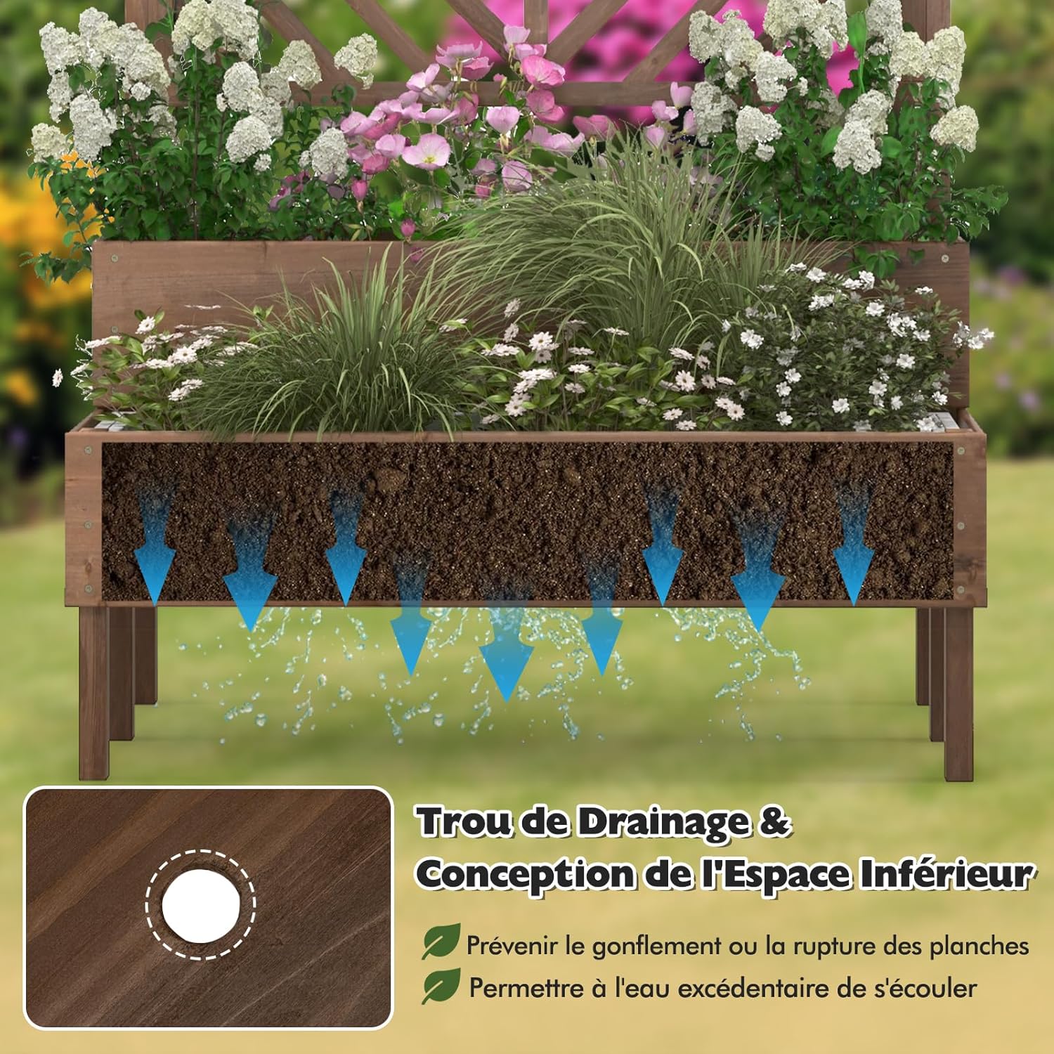 Bac avec Treiliis en Bois Sapin 144L, Jardinière Surélevée 2 Niveaux avec Trou de Drainage, 109 x 62 x 135 cm, Marron - 4