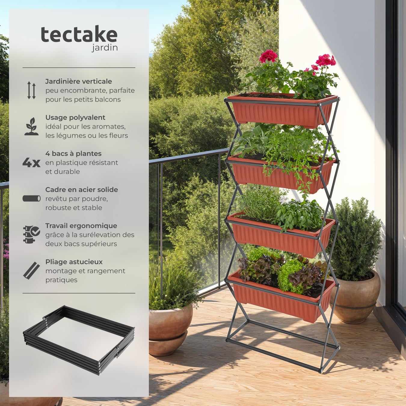 Jardinière verticale avec 4 bacs à fleurs 52 x 21 x 127 cm avec 4 grands bacs à fleurs TECTAKE - 2