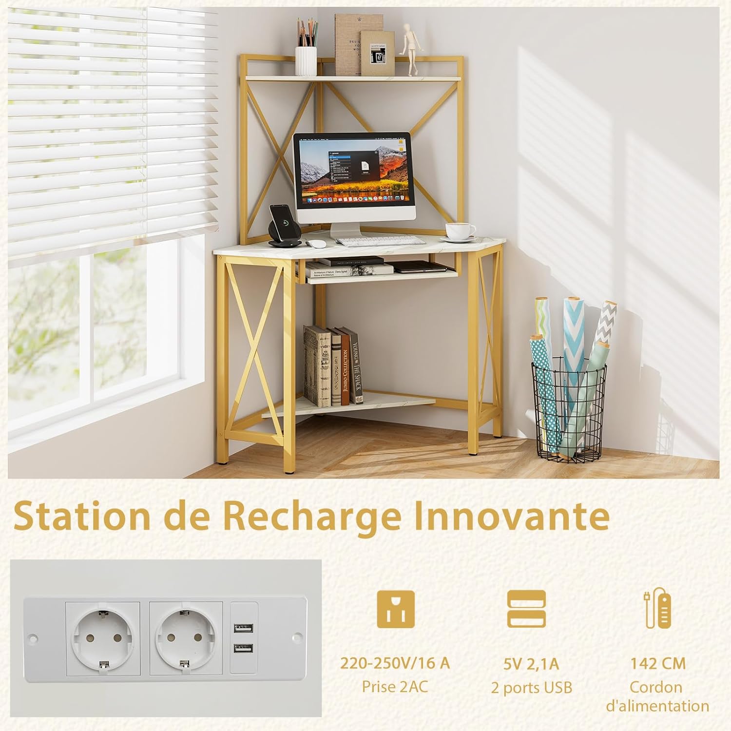 Scrivania Angolare con Prese, Scrivania ad Angolo con Ripiani, Porta Tastiera Estraibile e Struttura in Metallo, Scrivania Salvaspazio per Uff - 3