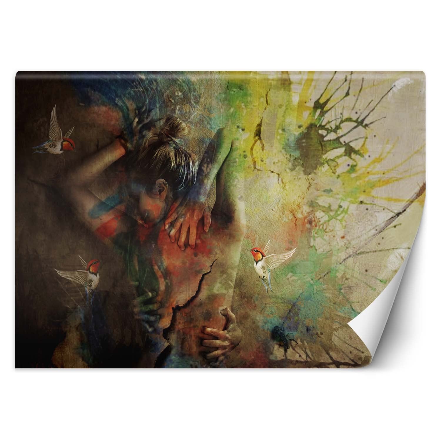 Fototapeta, Kobieta i koliberki abstrakcja jak malowana 150x105
