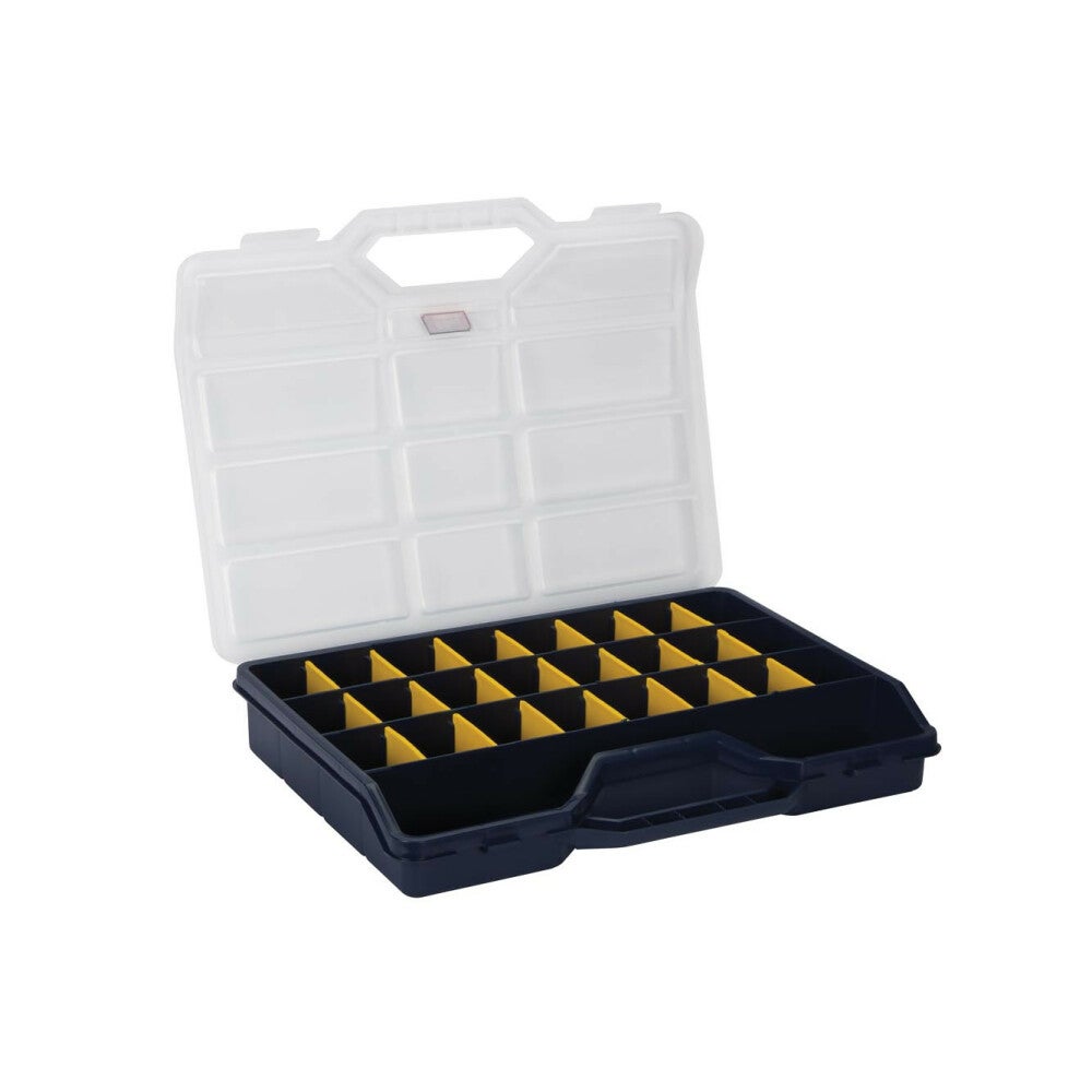 Tayg Boite de rangement, max. 24 compartiments, 21 séparateurs, couvercle transparent, 312 x 238 x 51 mm, bleu/jaune