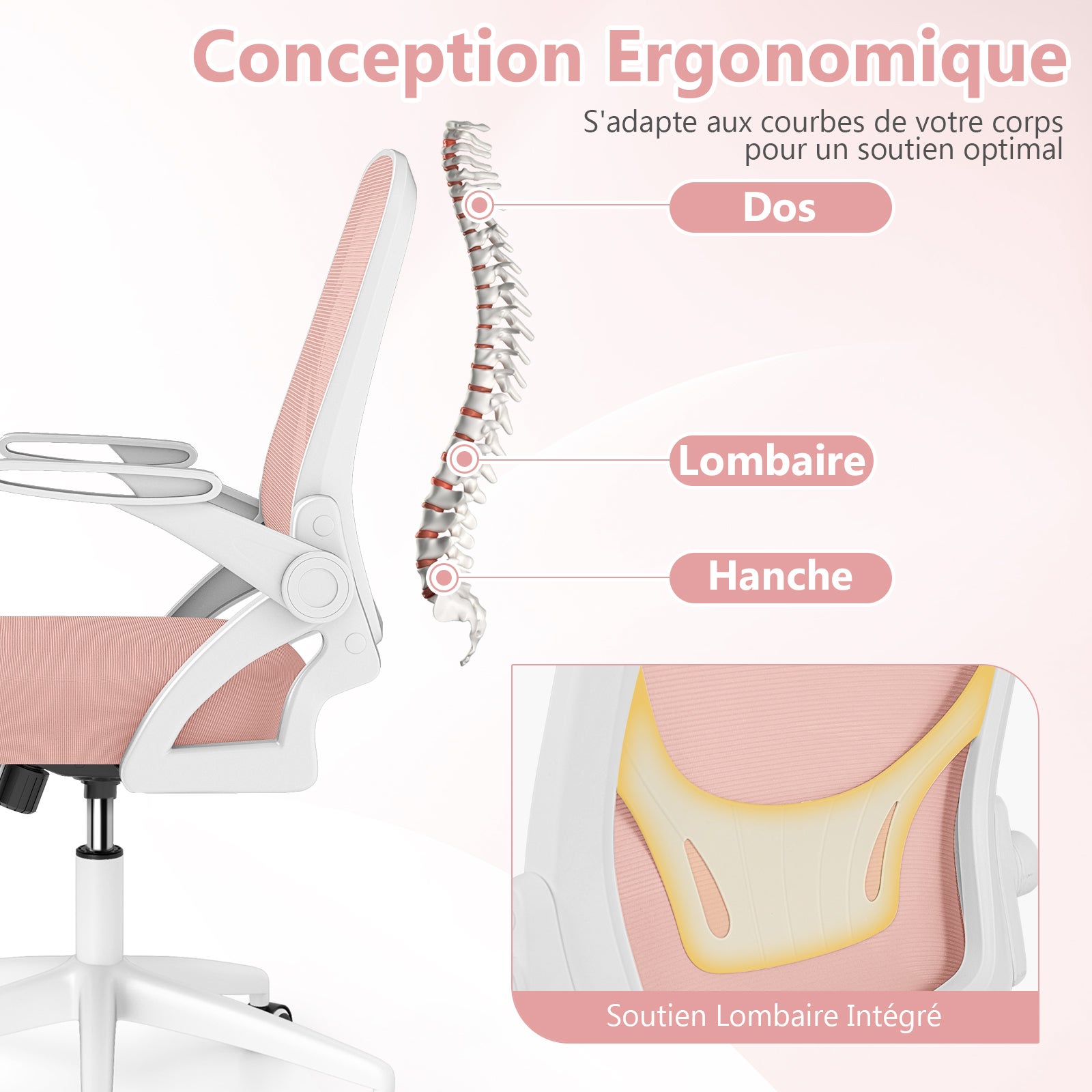 Ergonomiczne krzesło biurowe obrotowe, fotel biurowy z regulowaną wysokością i podnoszonymi podłokietnikami, oparcie z oddychającej siatki, różowe - 7