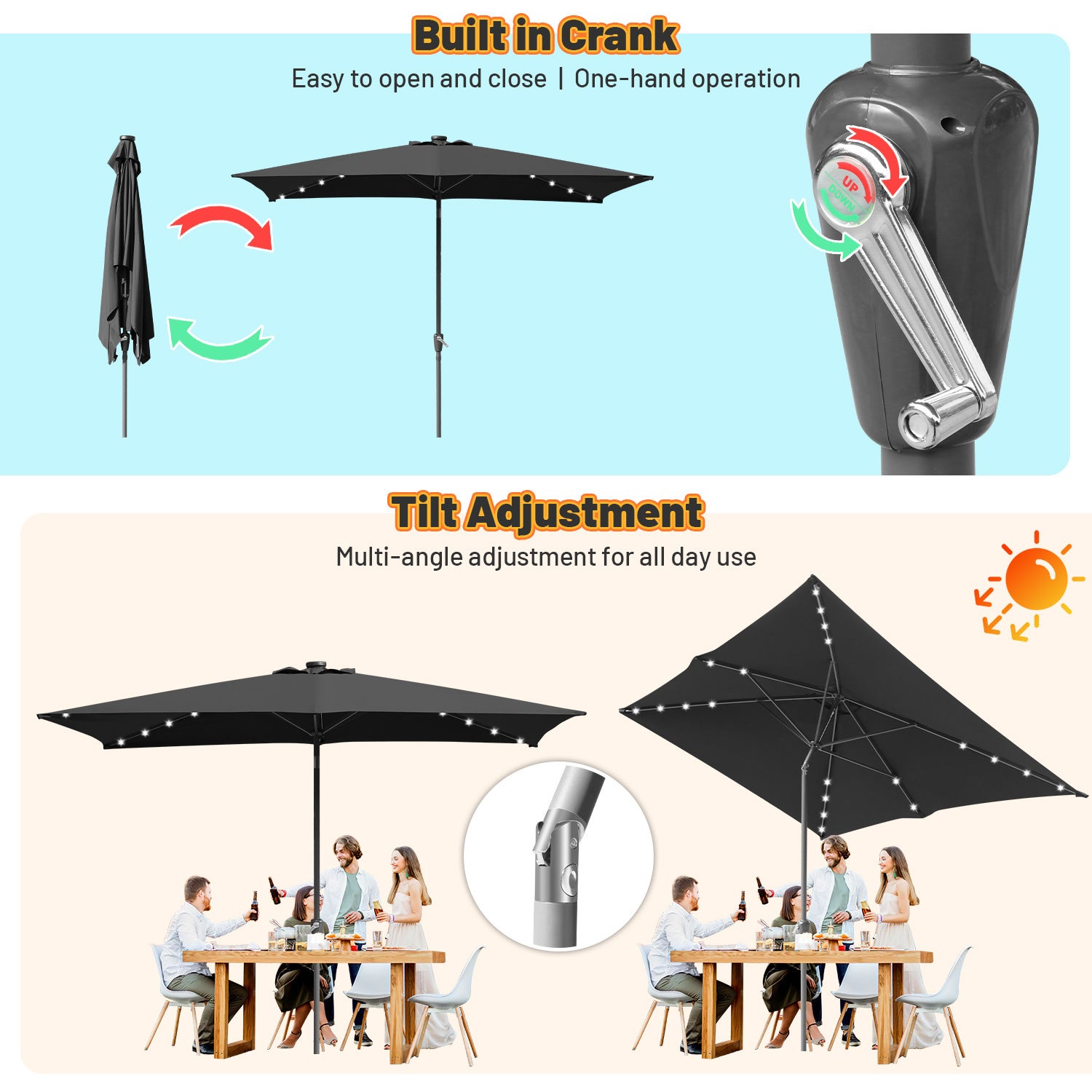 Parasol terrasse 2 × 3 m avec LED – Parasol extérieur rectangulaire, gris - 5