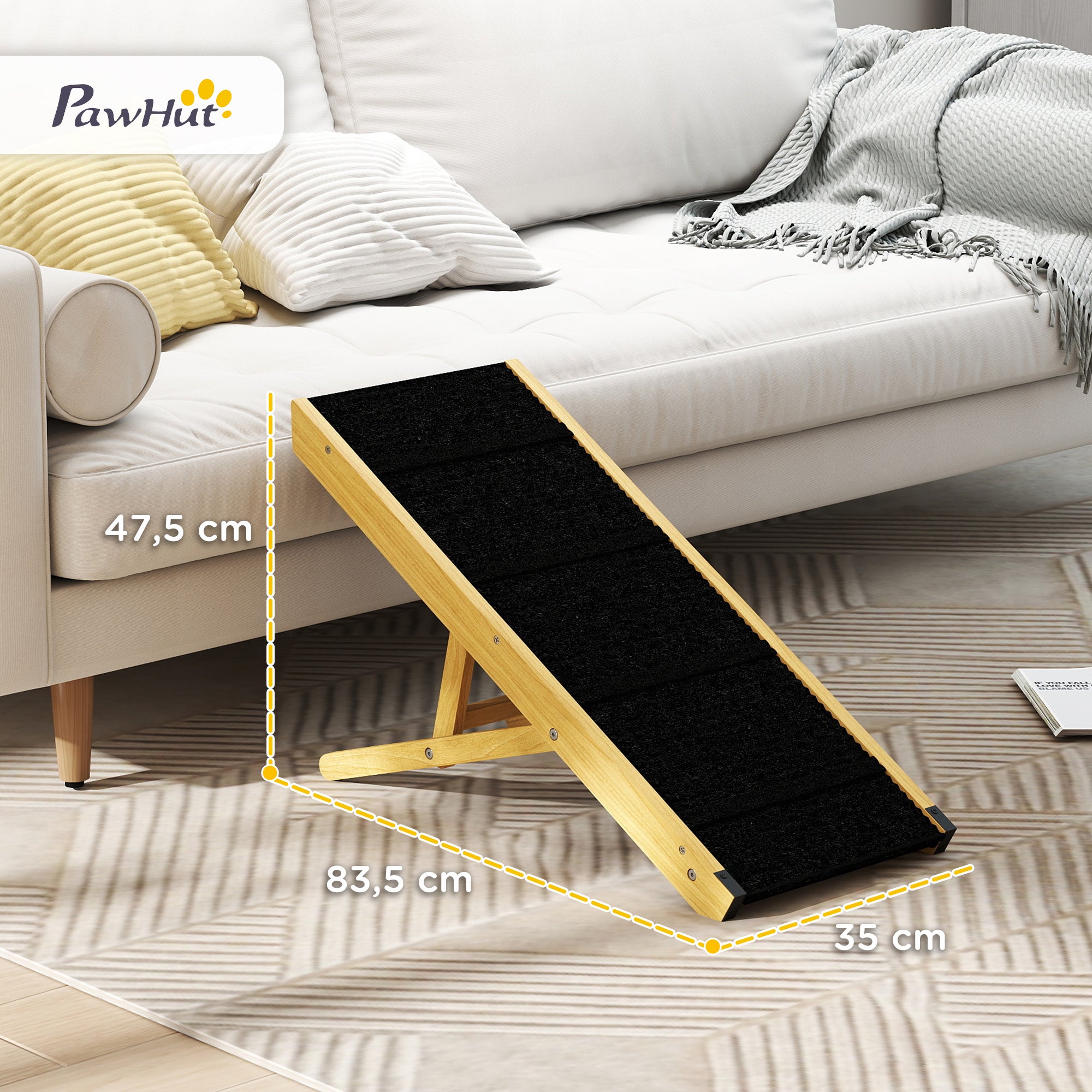 Rampa para Mascotas PawHut Madera de Pino, Poliéster Natural y Negro 83.5x35x47.5 cm - 3