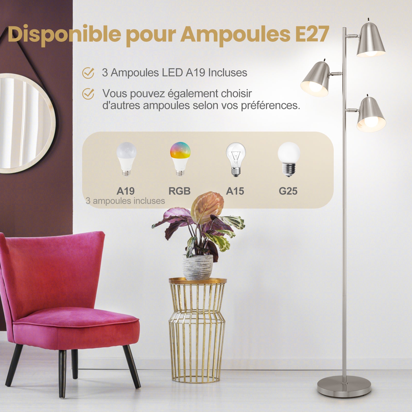 Lampadaire à 3 Ampoules H.163CM, Lampe Arbre sur Pied avec 3 Ampoules E26 A19 et Abat-jours Réglables, Poteau Métallique Robuste et Base Lourde,Argent - 4