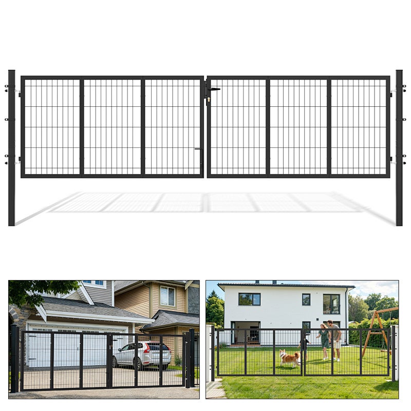 Podwójna furtka ogrodowa 350 x 100 cm ze stali ocynkowanej w kolorze antracytowym – furtka z siatką – z zamkiem i klamką – otwierana w obie strony