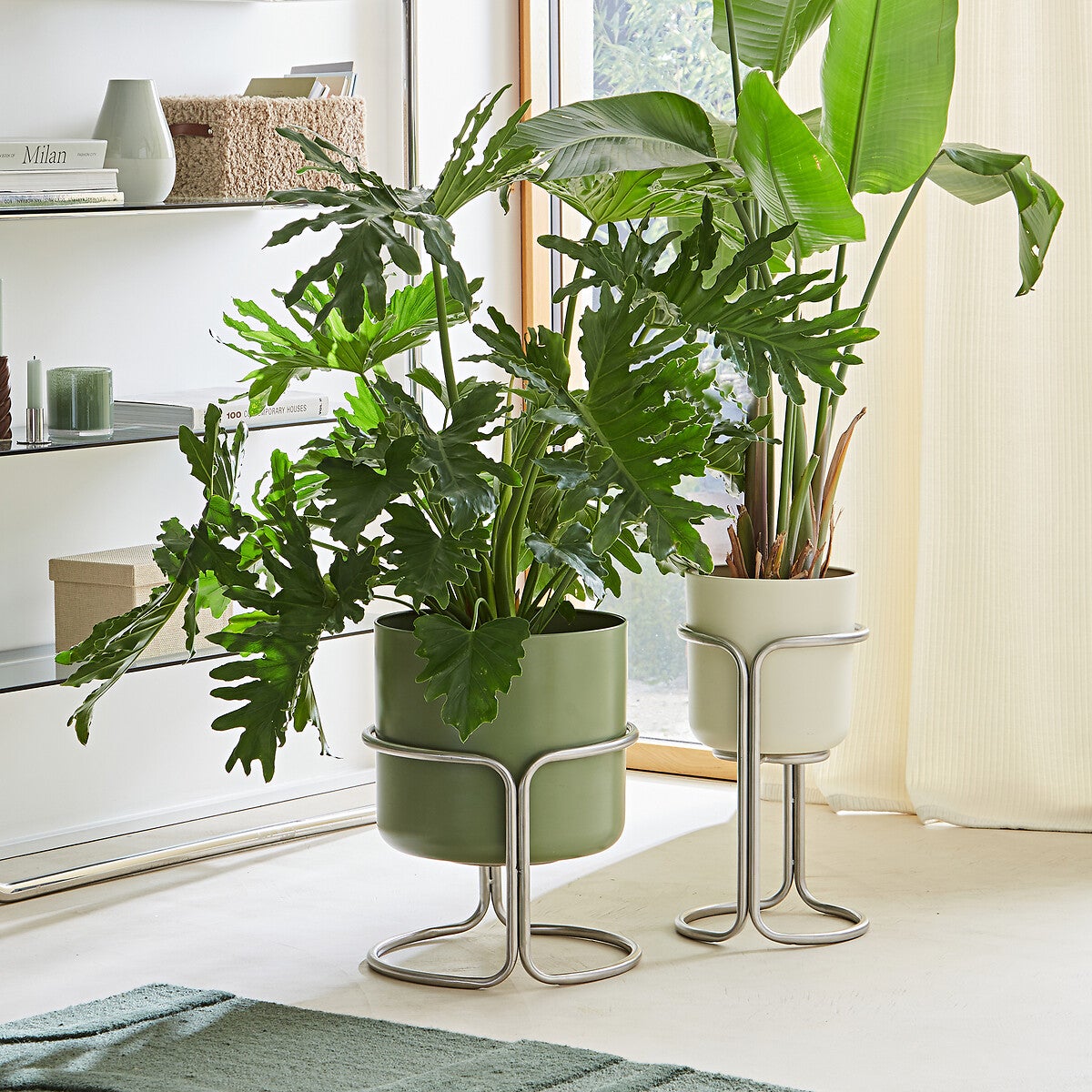 Cache-Pot Erin Sur Pied En Métal Beige 51x25,2cm - Pot De Fleurs Intérieur & Extérieur Moderne