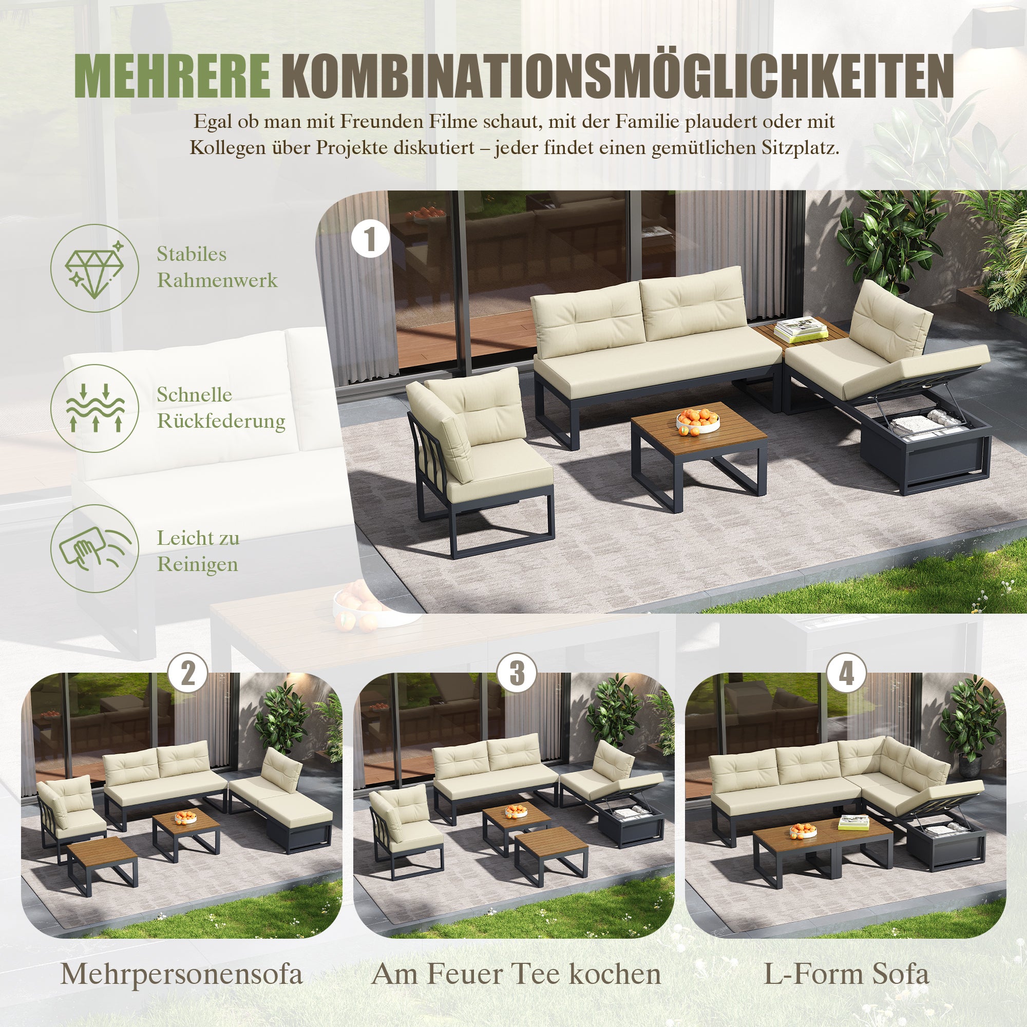 Salon de Jardin 5 Places - Canapé Convertible en L/U avec Coffre de Rangement, Tables Poufs & Coussins Épais Imperméables - 5