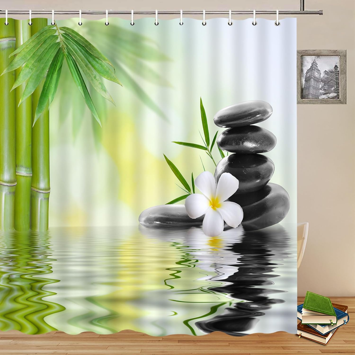 Eau Spa Kurtyna Prysznicowa Zielone Bambusowe Liście Orchidea Kwiat Zen Medytacja Bazaltowe Kamienie Kwiatowe do Łazienki Poliester z Haczykami